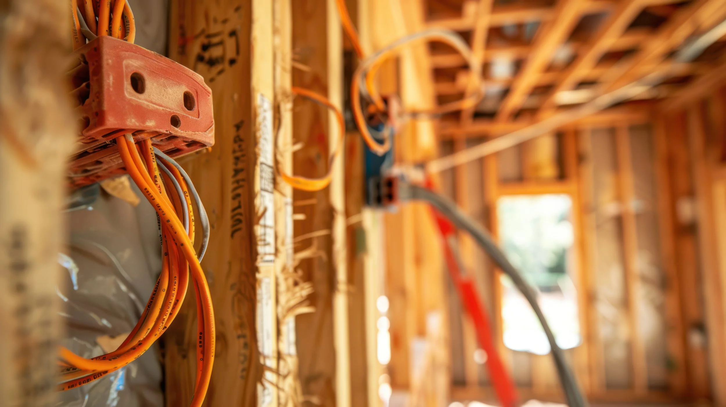 Wiring and electrical outlets installed in a building's unfinished interior with wooden framing.