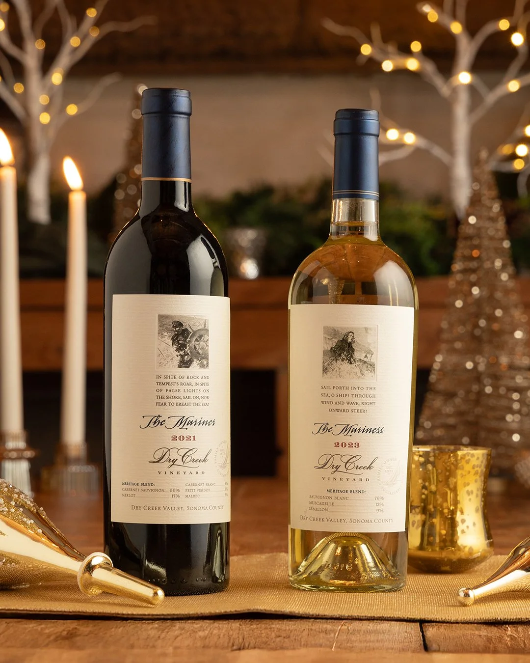 Two wine bottles with Dry Creek Winery Label, displayed on a wooden table indoors.