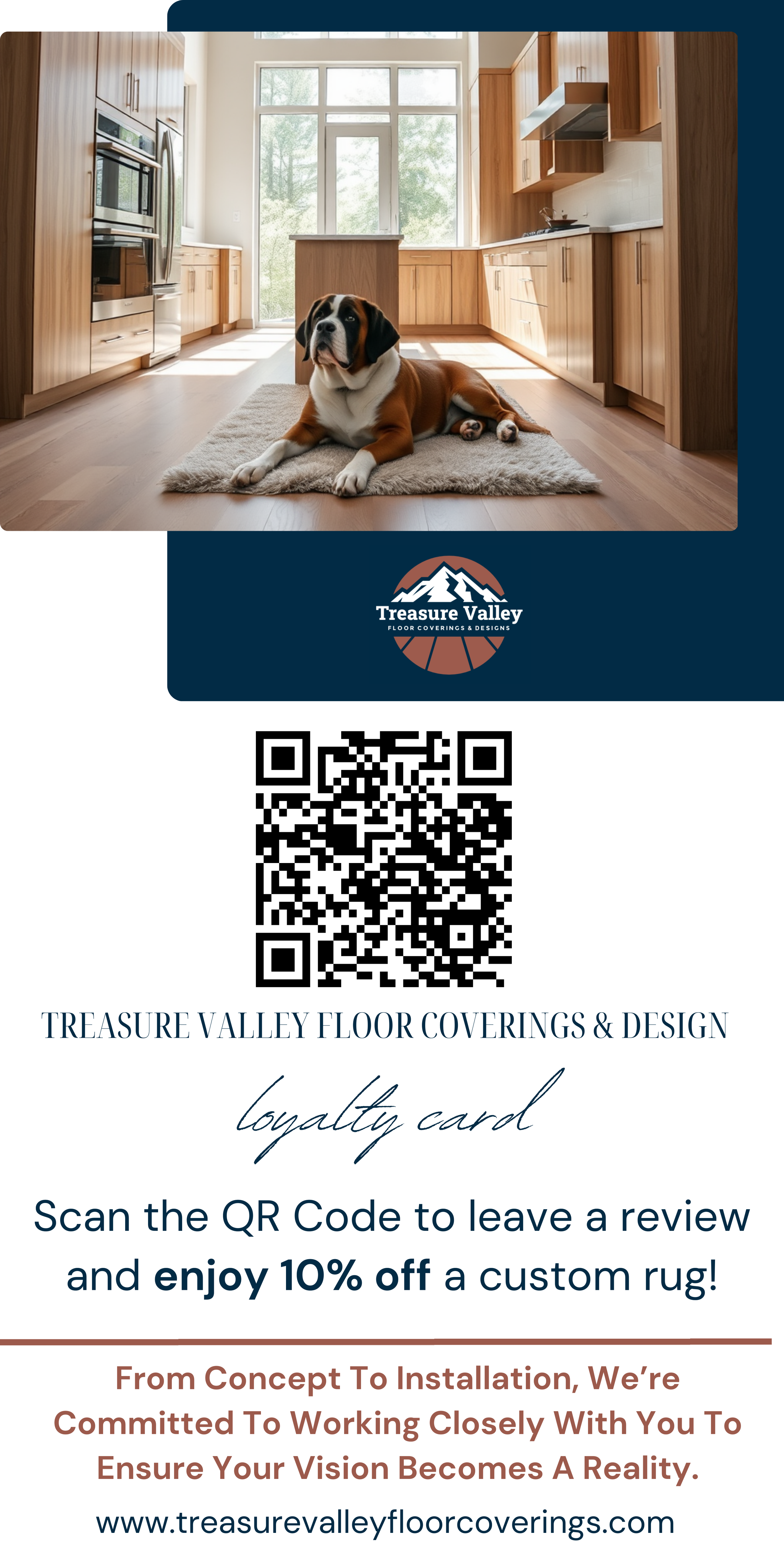 A cozy kitchen with wooden cabinets and stainless steel appliances. A dog lies on a beige rug in the center of the kitchen near large windows with natural light streaming in.