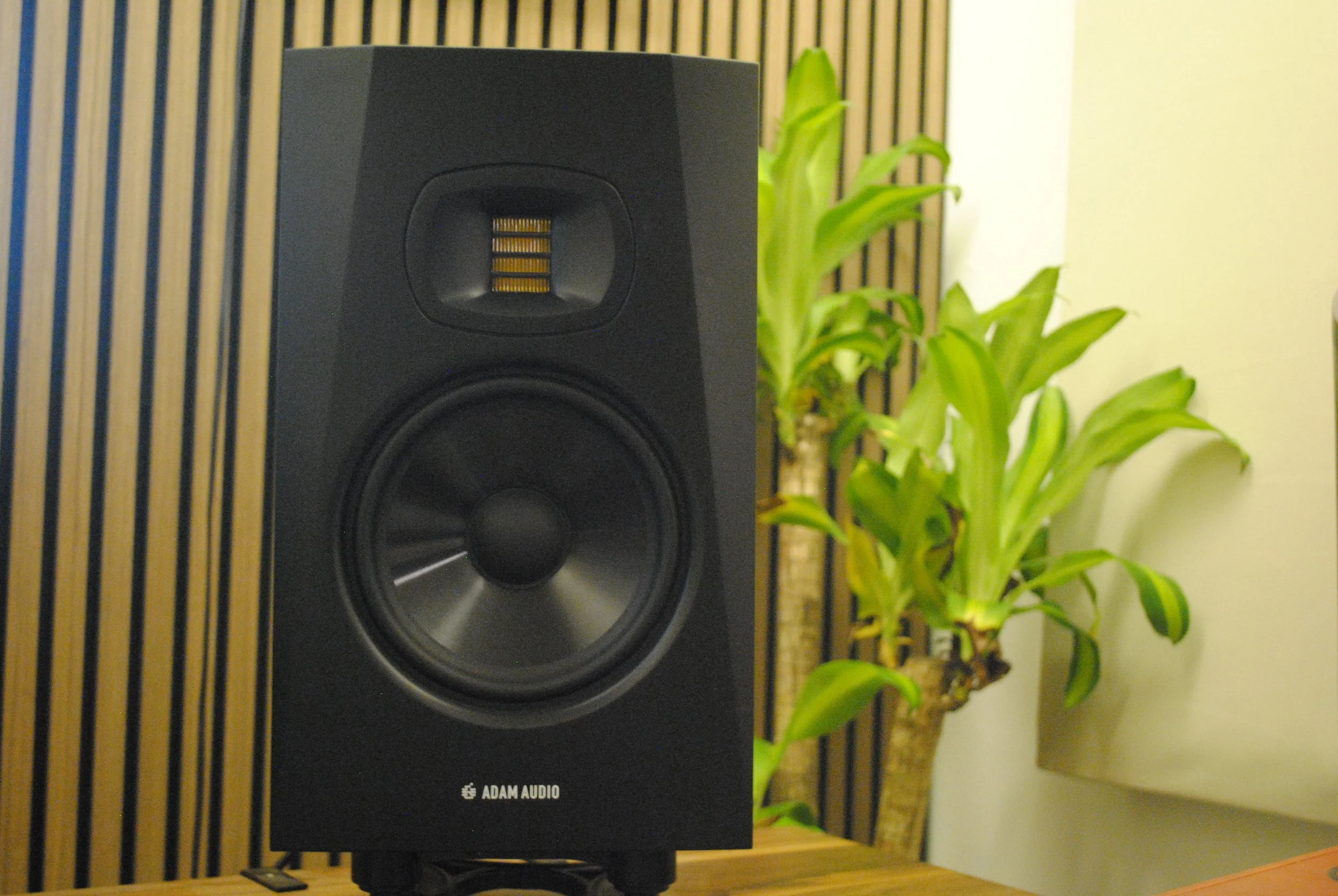 Altavoz negro de la marca Adam Audio sobre una mesa de madera, con plantas verdes y madera en el fondo.