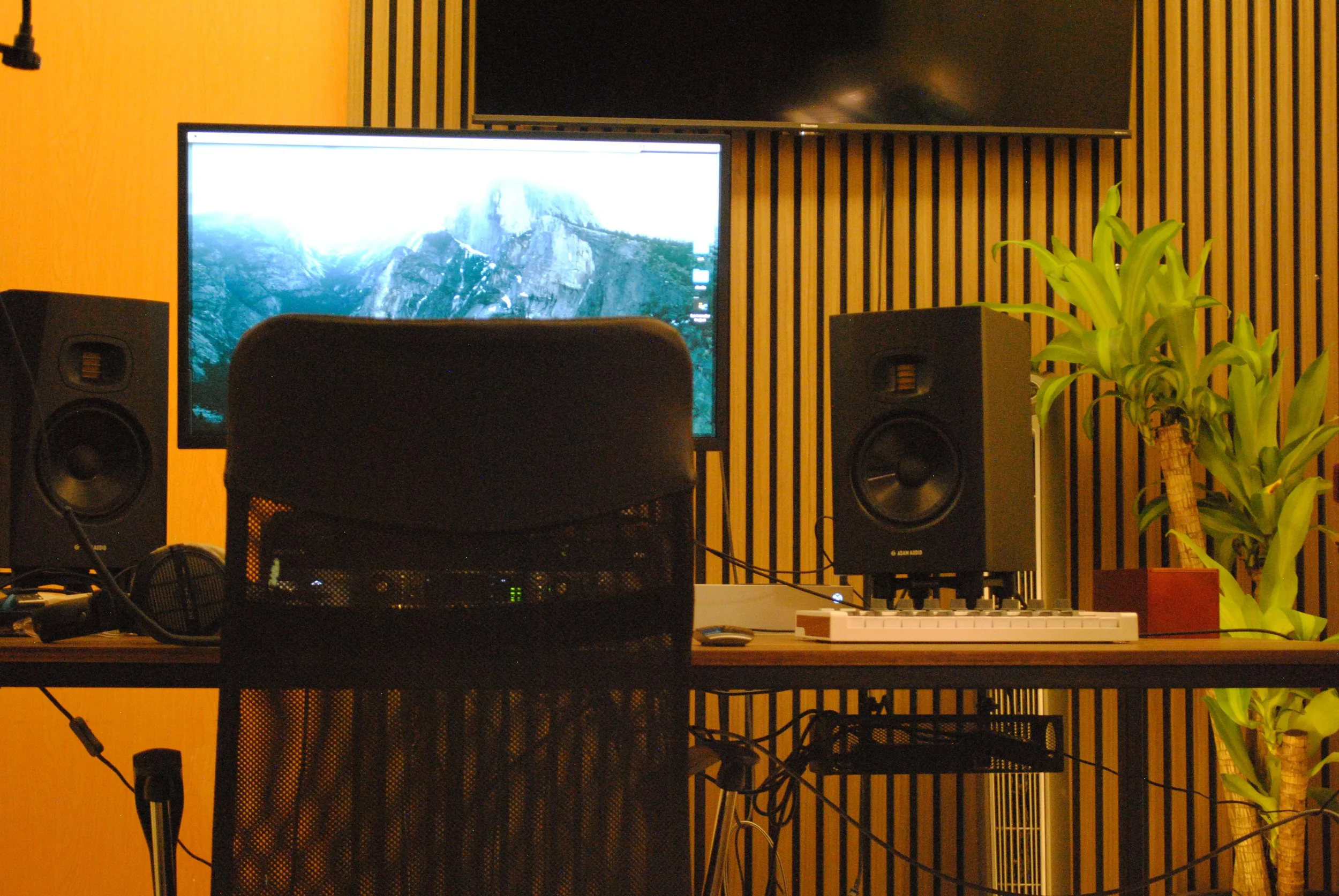 Estudio de grabación con dos monitores, una silla y varias plantas.