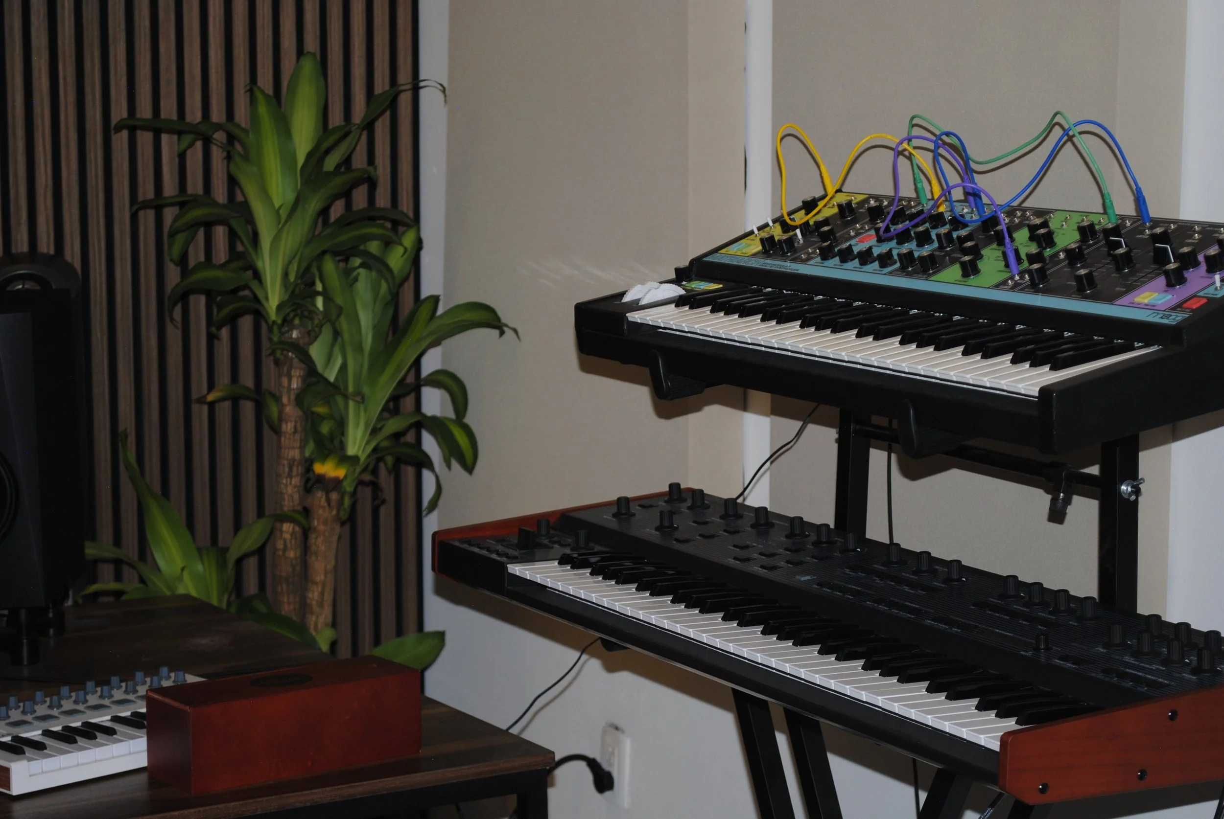 Pareja de sintetizadores análogos, uno con cables conectados, en una habitación con plantas y pared de madera.
