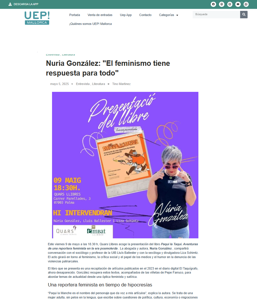 Cartel de presentación del libro "Paqui la Taqui" con información del evento, fecha, hora y lugar, y una imagen de una mujer con gafas rosas y camiseta negra, junto a una ilustración de una mujer en cómic.