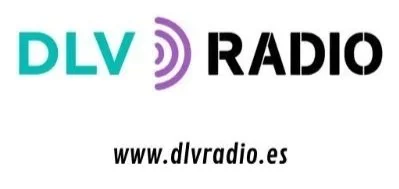 Logotipo de DLV Radio con texto en colores turquesa, negro y púrpura, y la dirección web www.dlvradio.es.