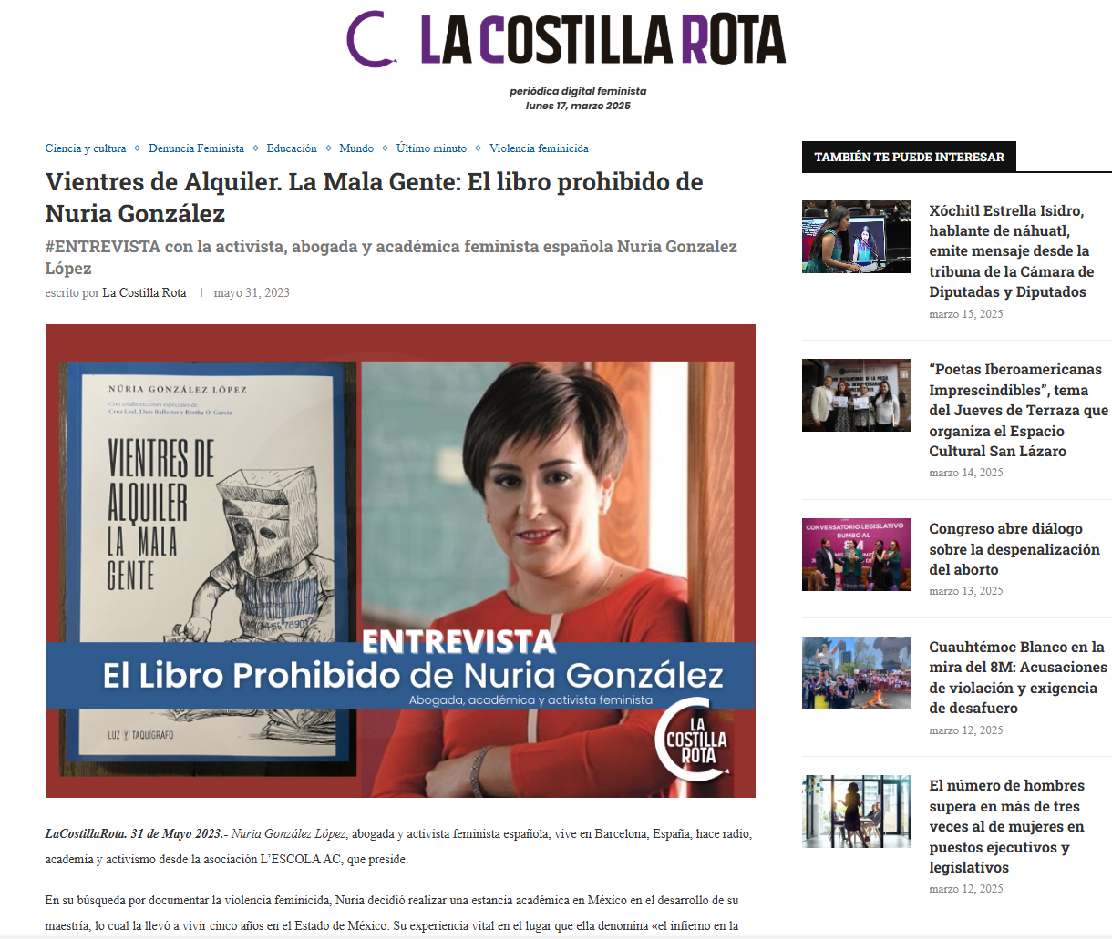 Portada de La Costilla Rota con un titular sobre la entrevista a Nuria González y la imagen de una mujer con pelo corto, vestido rojo, en un ángulo de perfil, sonriendo frente a un fondo con cortinas.