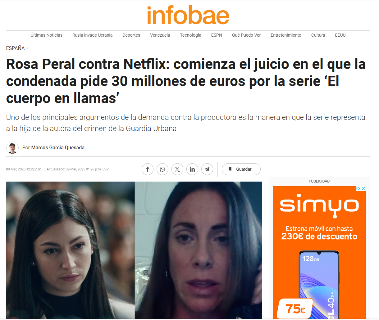 Captura de pantalla de un artículo de noticias en infobae con dos mujeres en una imagen, una con expresión seria y la otra hablando por teléfono, y un anuncio publicitario a la derecha sobre un teléfono móvil con descuento.