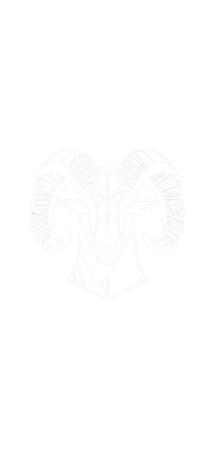 Outline drawing of a ram's head with large, curved horns, situated inside a geometric shape.