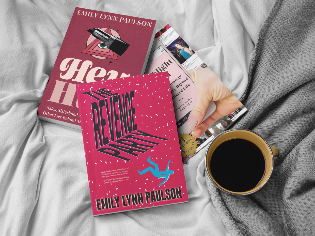 The psychological thriller book 'The Revenge Party' by Emily Lynn Paulson, the book 'Hey, Hun' by Emily Lynn Paulson, and the book 'Highlight Reel' by Emily Lynn Paulson next to a cup of coffee