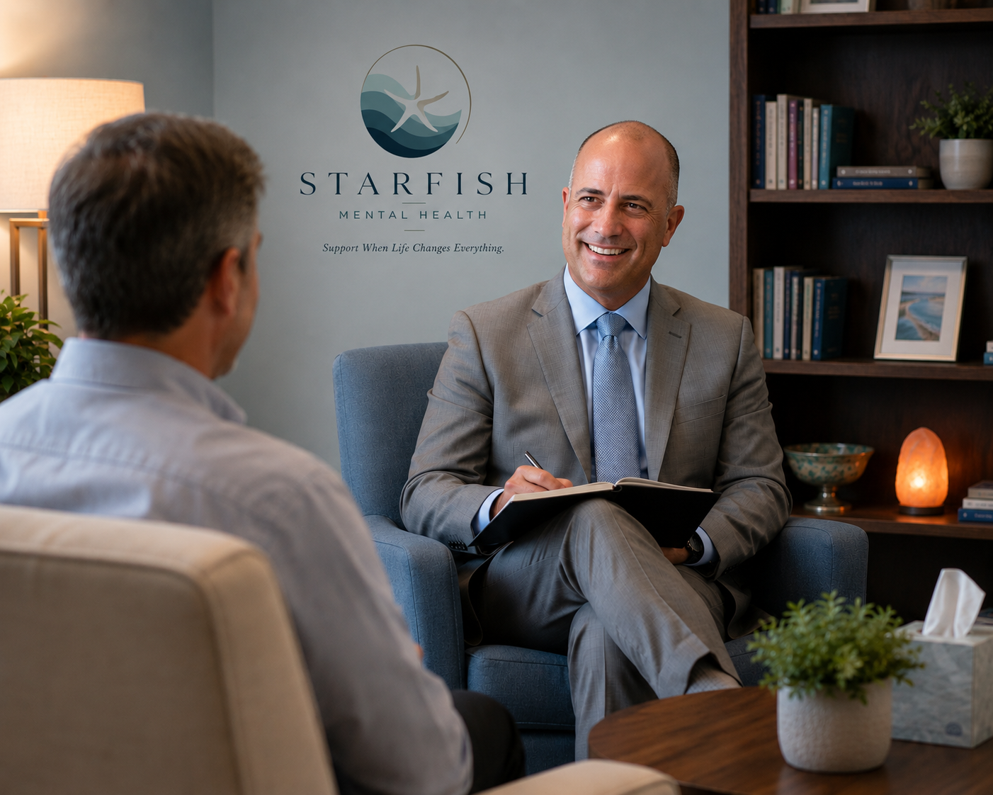 Bob Basque LCSW San Diego therapist talking with client in his office