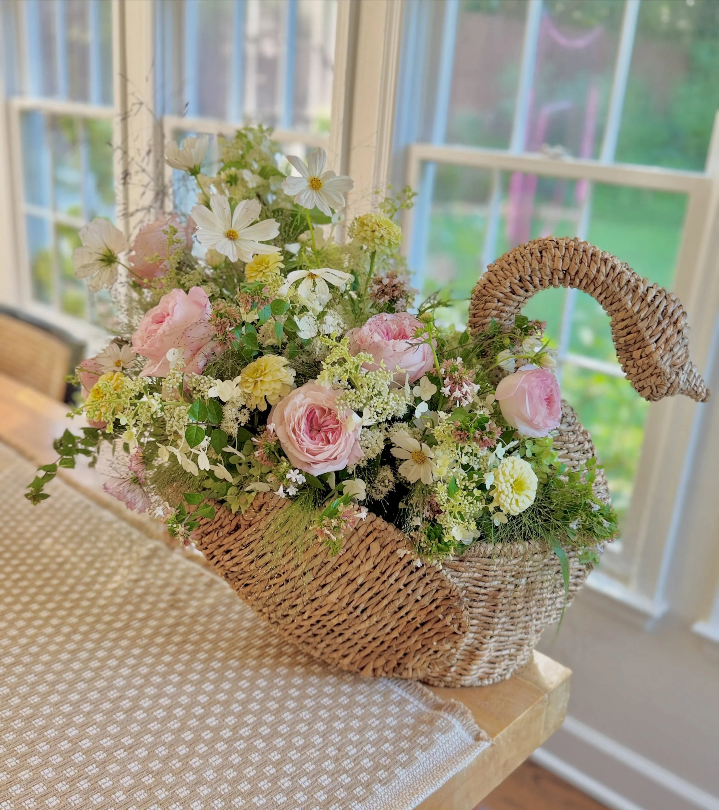 Is this not the sweetest thing you&rsquo;ve ever seen? The most precious baby shower flowers using this adorable swan basket provided by the customer. The basket is quite large and perfect to use in the nursery for blankets, Lovies or toys afterward.