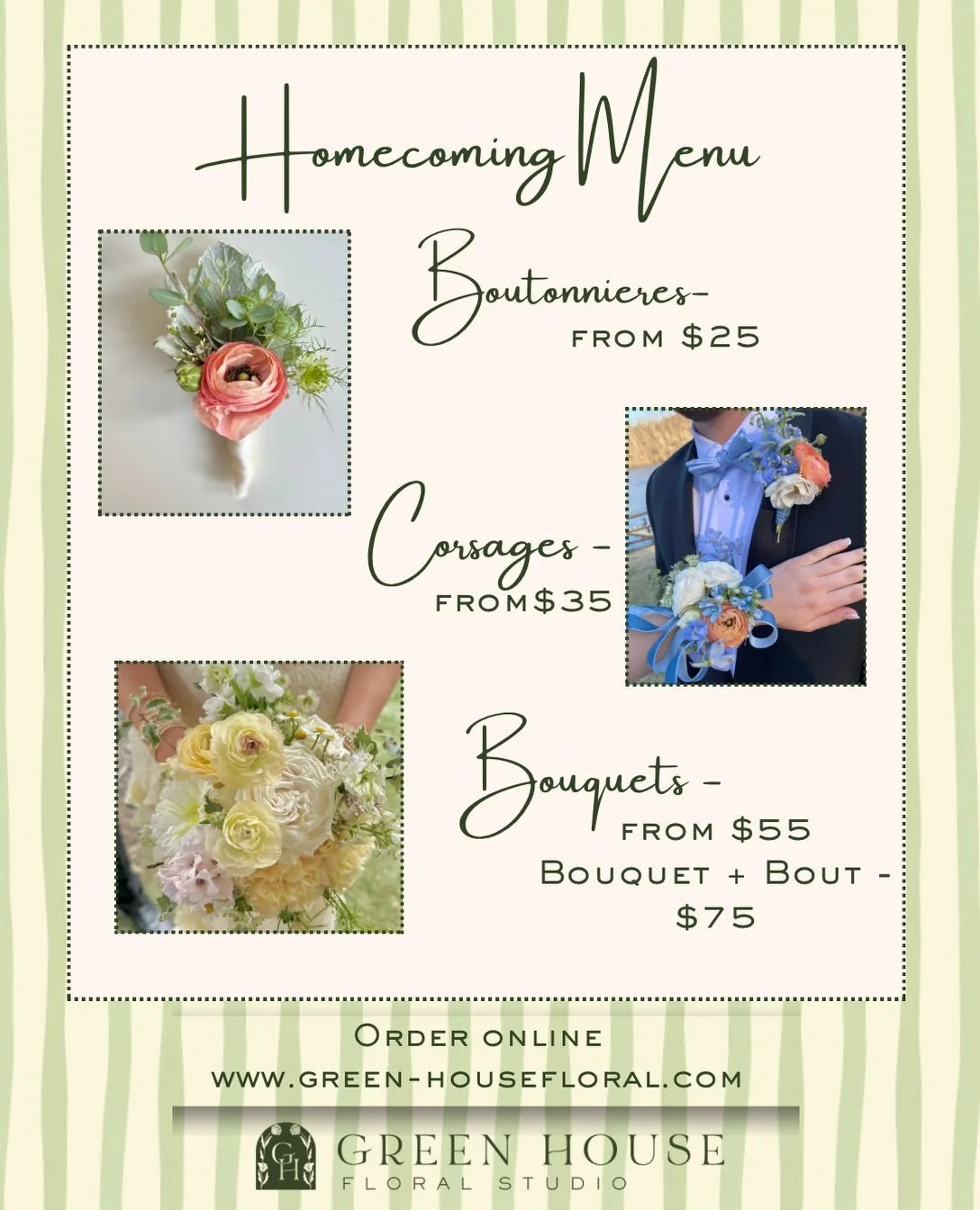 Homecoming is just around the corner! 💫 

Order your custom Homecoming florals with Green House Floral. Each boutonni&egrave;re, corsage, and bouquet is thoughtfully designed using carefully selected blooms &mdash; creating pieces that feel unique, 