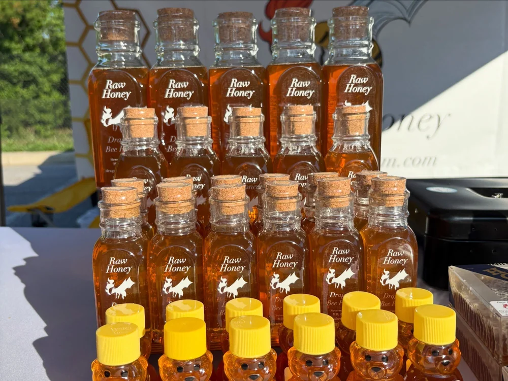 Dragon Bee Farm raw honey in Muth jars and honey bears
