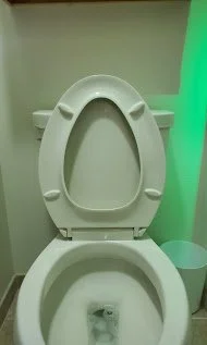 Close-up of a public toilet with the lid open, in a restroom with green lighting.