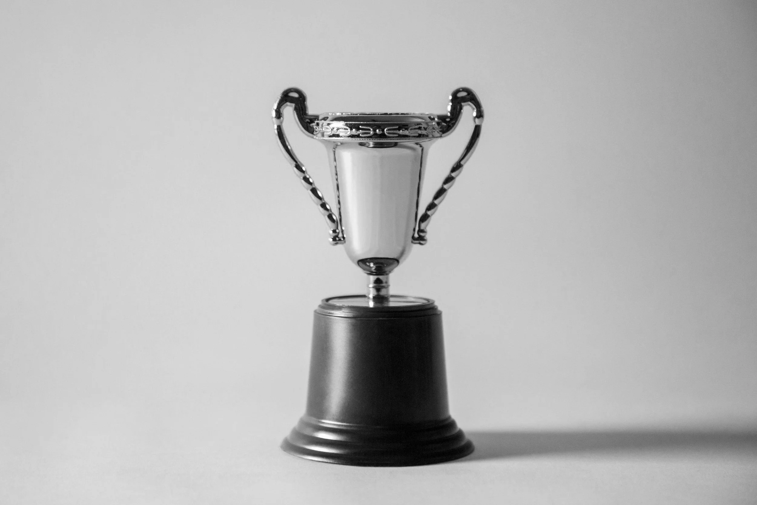Black and white image of a silver trophy cup with ornate handles on a black base, against a plain background.
