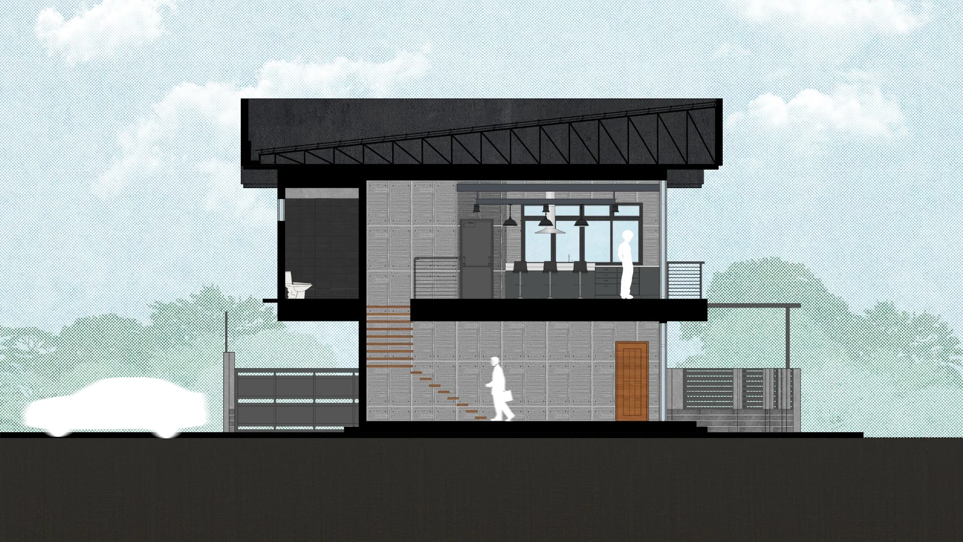 Cross-section architectural drawing of a modern two-story house with a garage, kitchen, and bathroom, including interior details and human silhouettes.