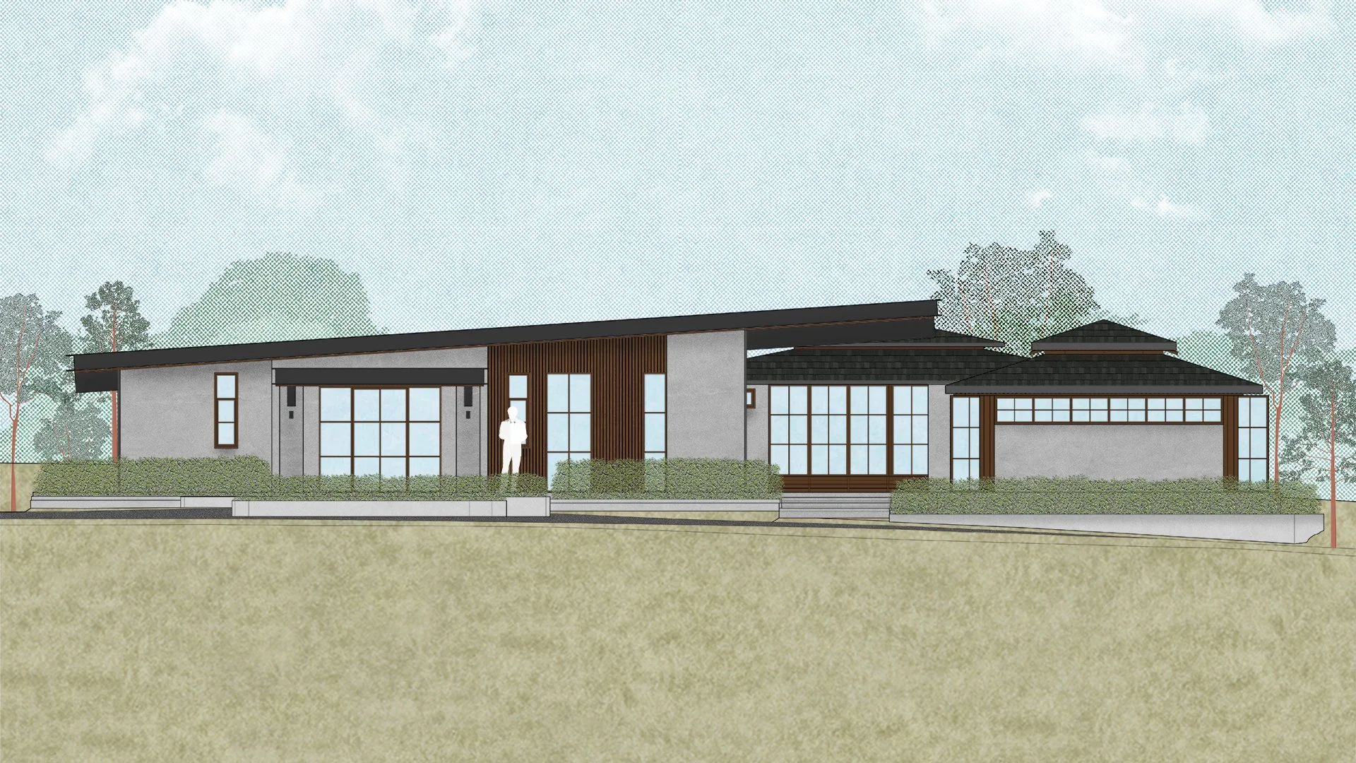 Architectural drawing of a modern, single-story house with large windows, a flat and sloped roof, and a landscaped front yard with stairs and bushes.