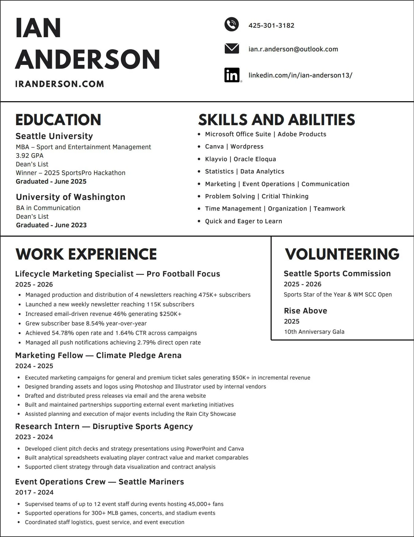 A professional resume with contact information, education, work experience, skills, volunteering, research, and event management sections for Ian Anderson.
