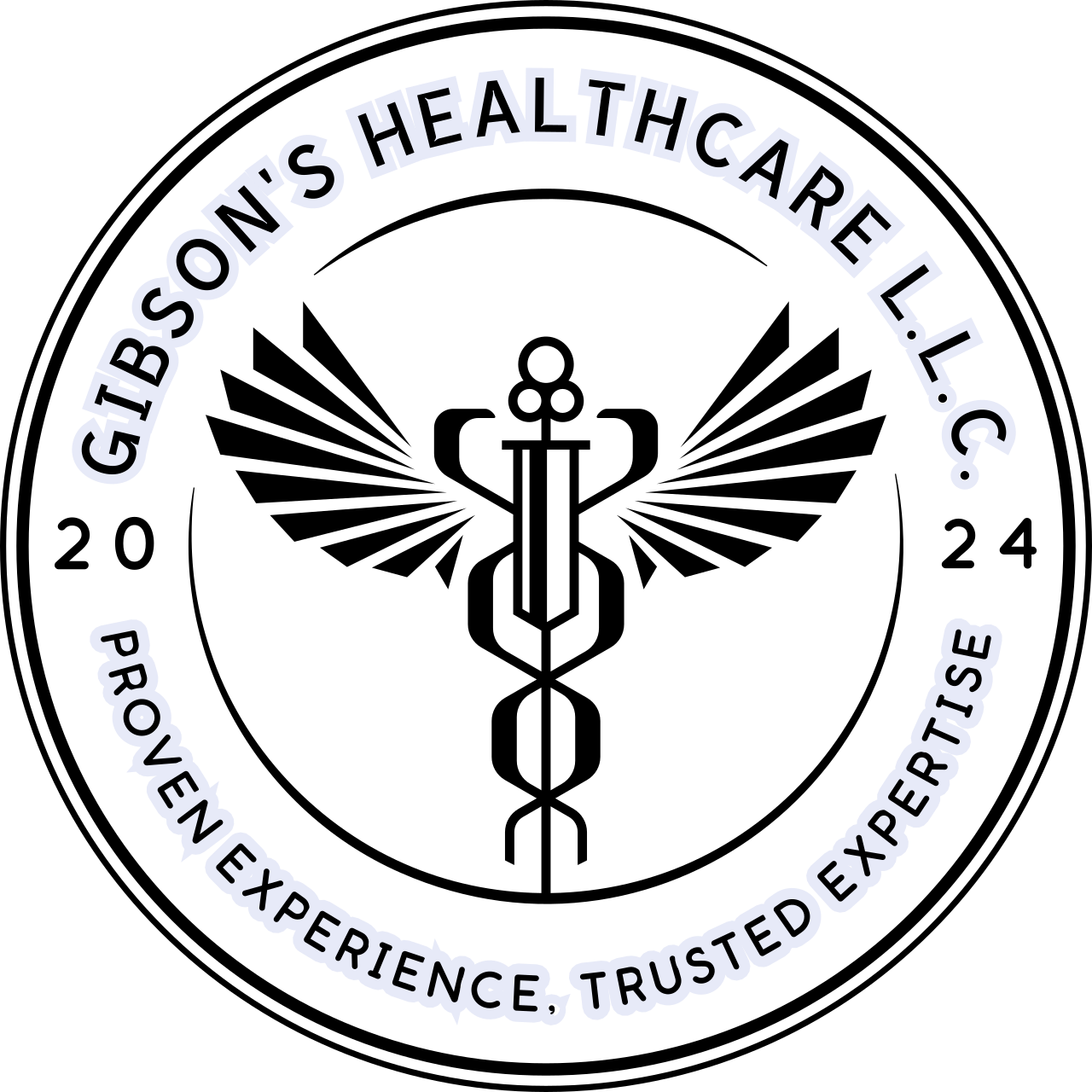 Circular logo with the text 'Gibsons Healthcare L.L.C.' at the top and 'Proven Experience, Trusted Expertise' at the bottom, all in white on a black background.