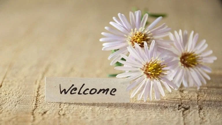 A small bouquet of white daisies with yellow centers placed on a wooden surface next to a paper note that says 'Welcome'.
