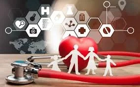 Healthcare and medical symbols with a heart, stethoscope, and family holding hands.