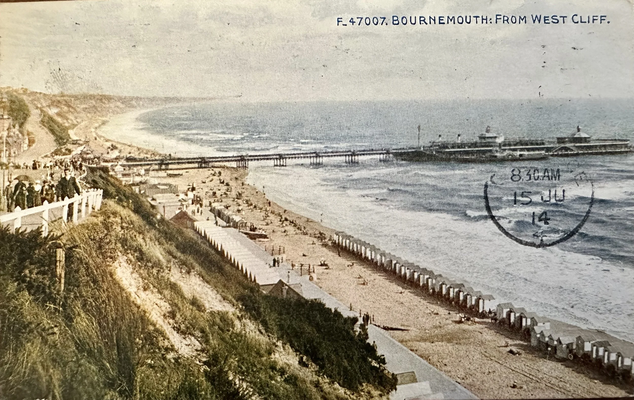 Bournemouth from West Cliff - old postcard sent to Cambridge 1914