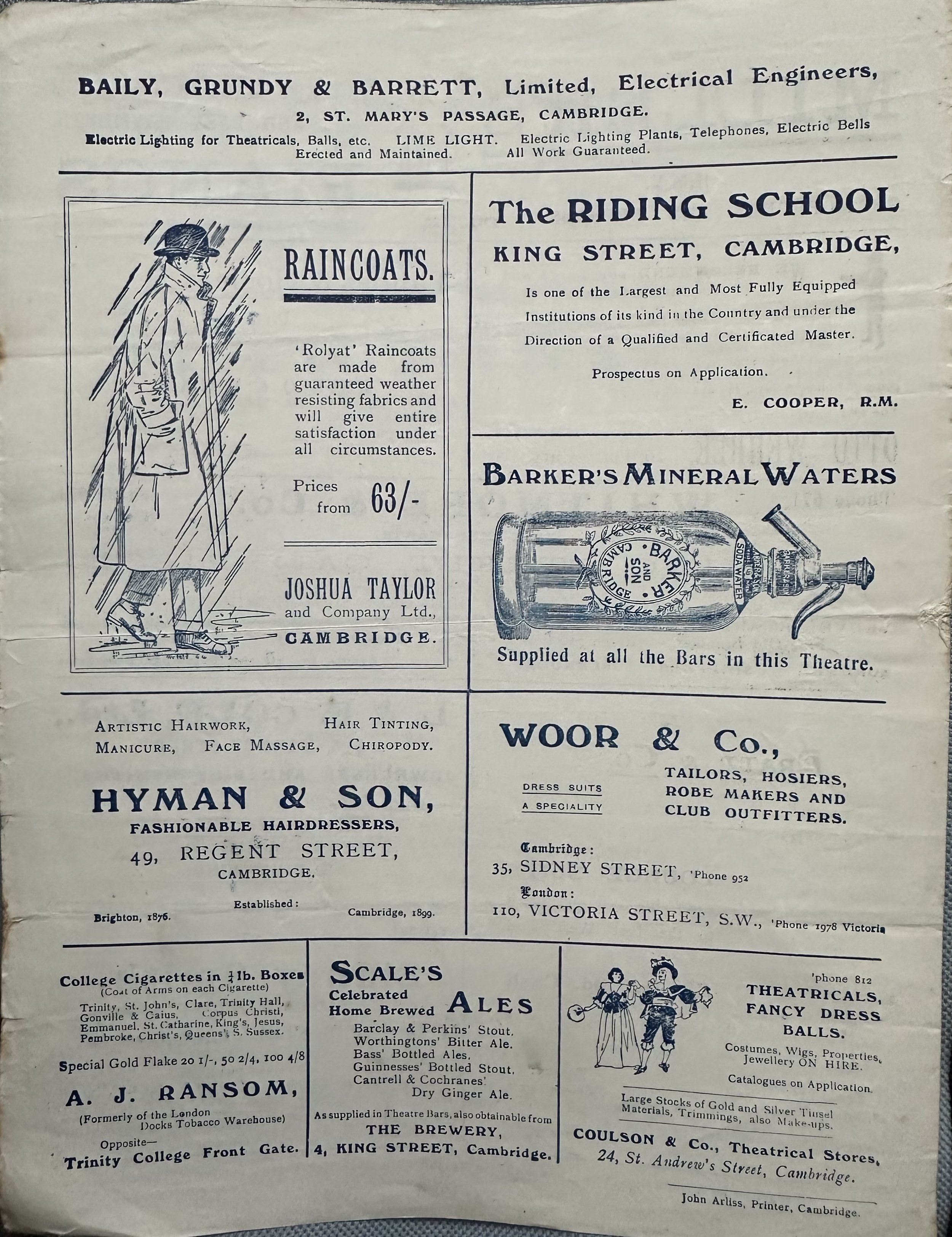 New Theatre Cambridge Programme Flyer February 1921 back page