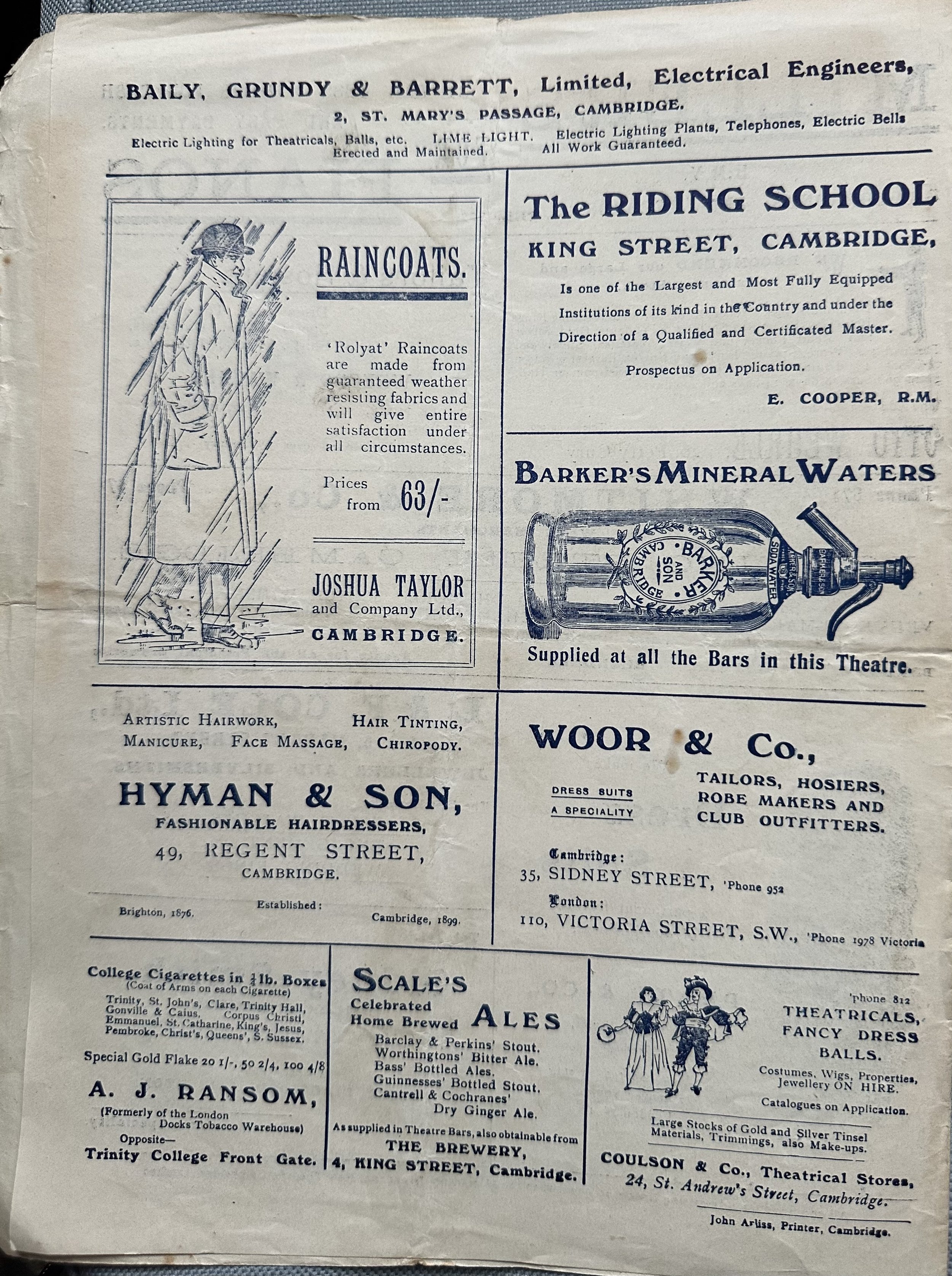 New Theatre Cambridge Programme Flyer August 1921 - back page