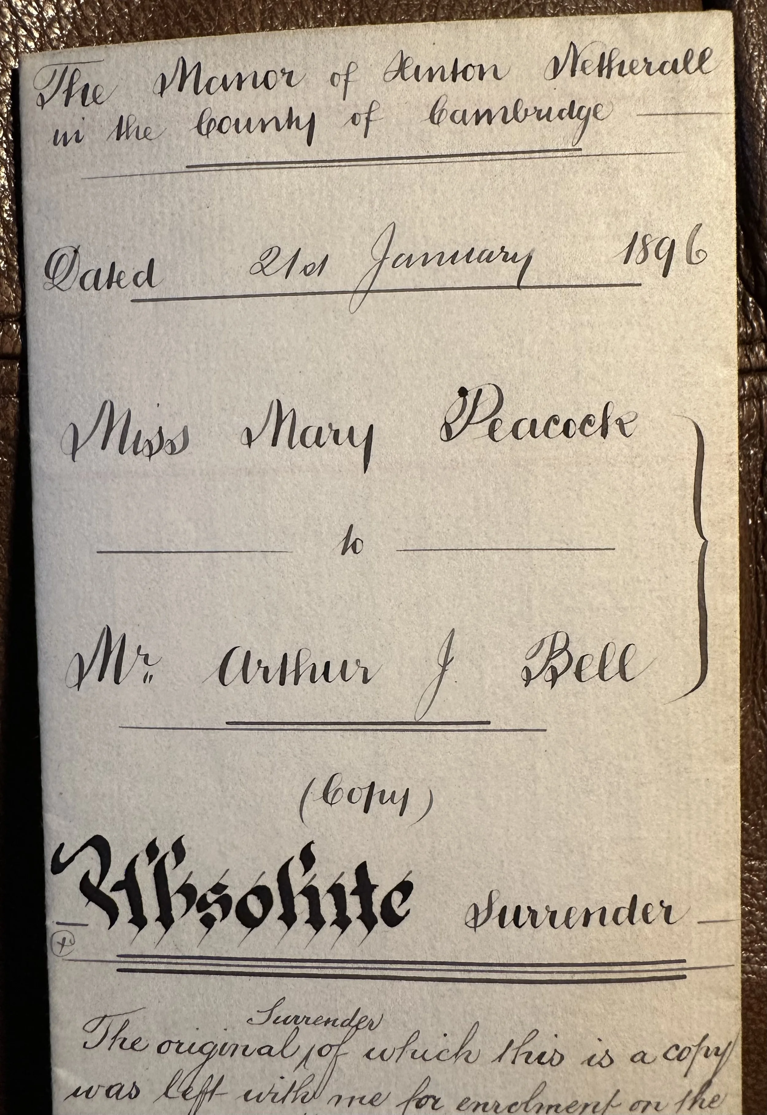 A Cherry Hinton Netherhall Manor Copyhold: Mary Peacock’s Surrender, 1896 Old Document