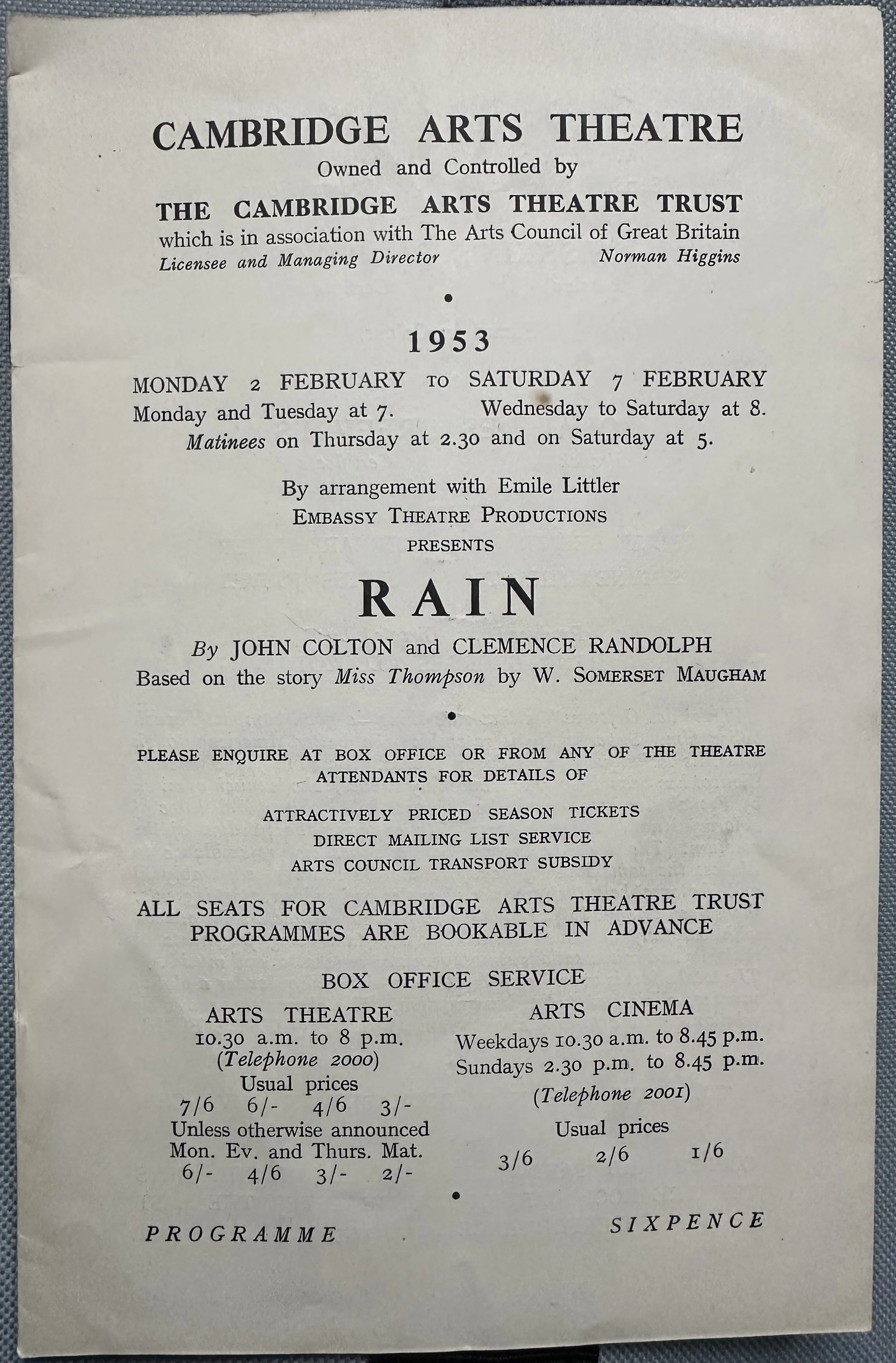 Cambridge Arts Theatre Programme 1953