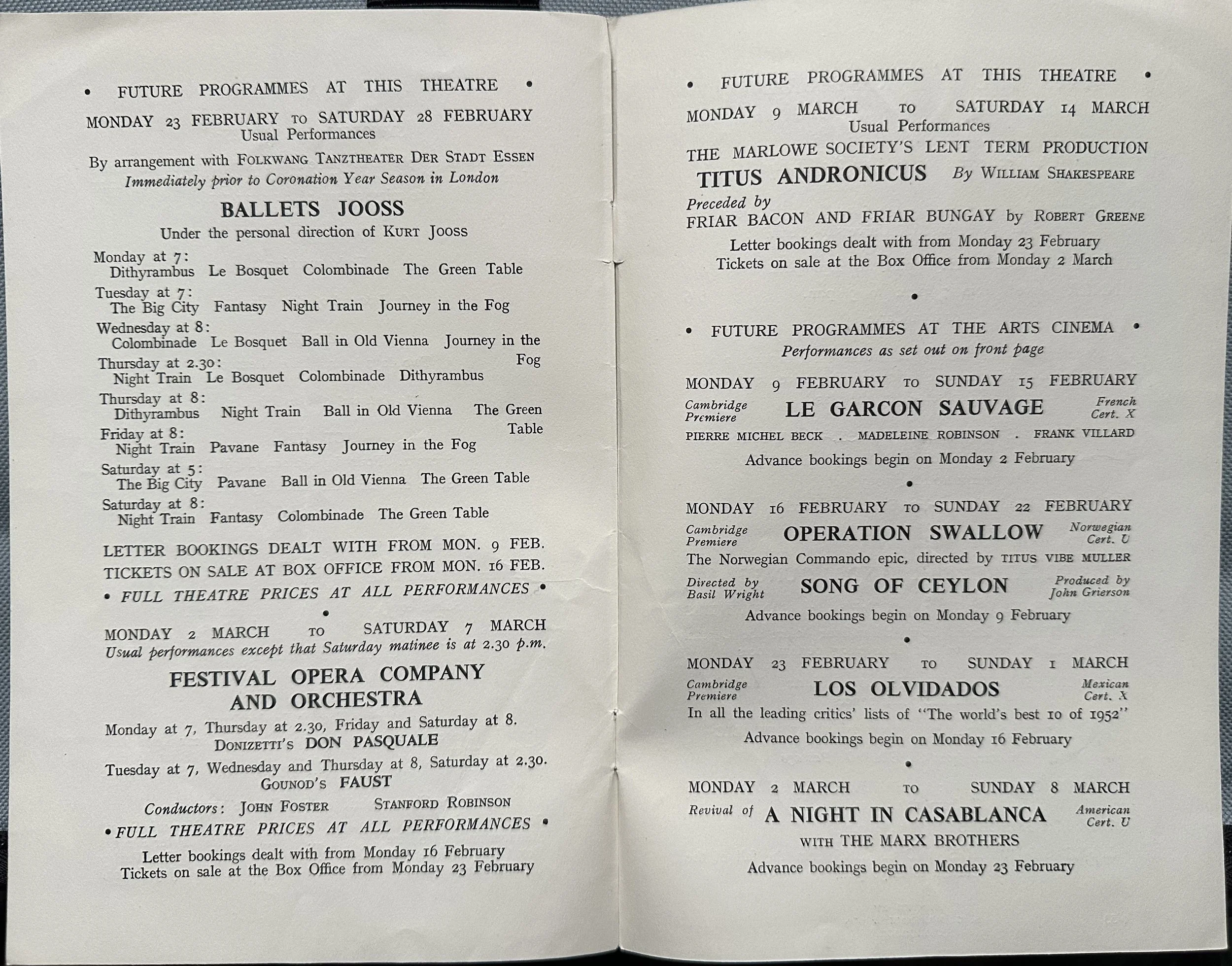 Cambridge Arts Theatre Programme 1953