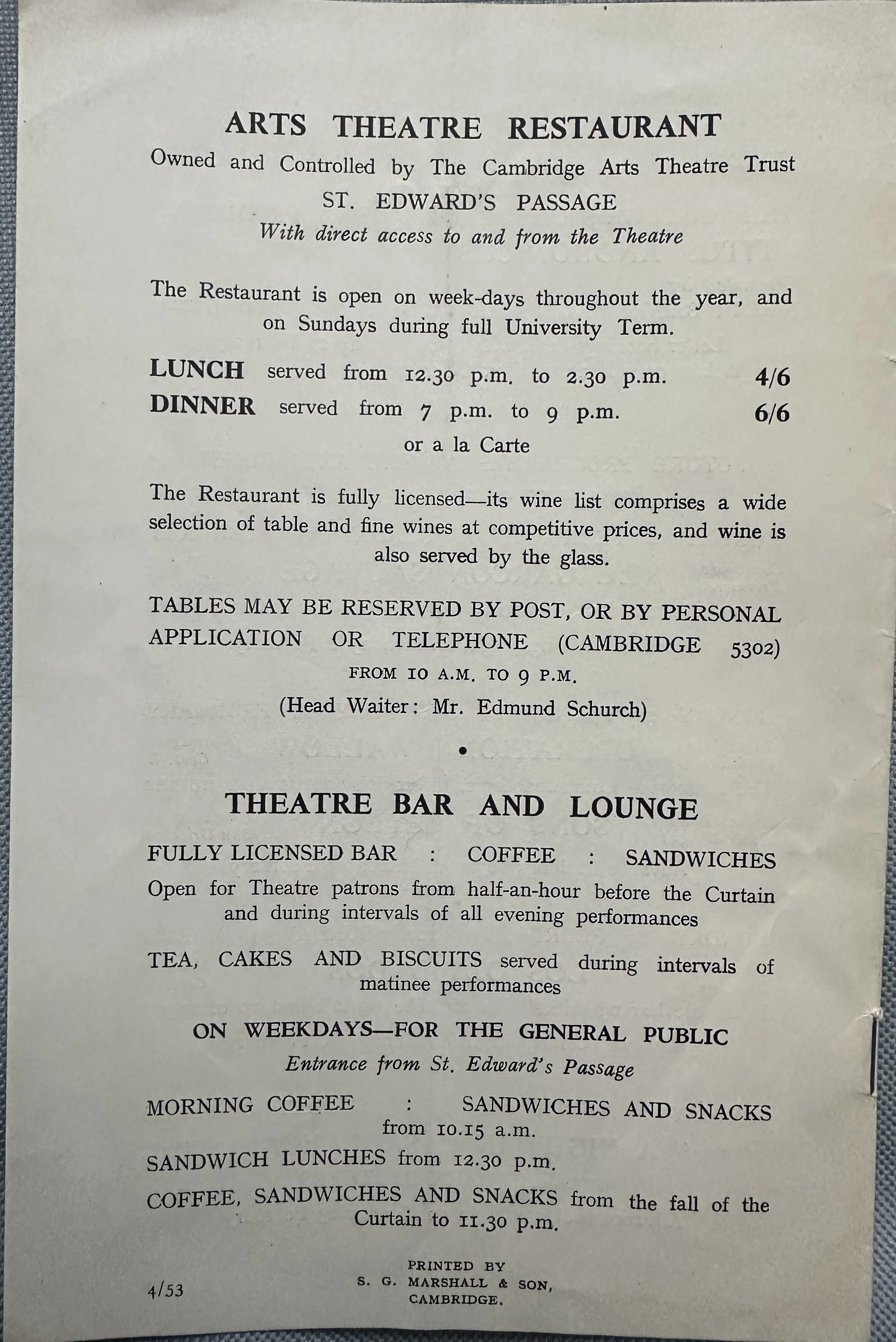 Cambridge Arts Theatre Programme 1953