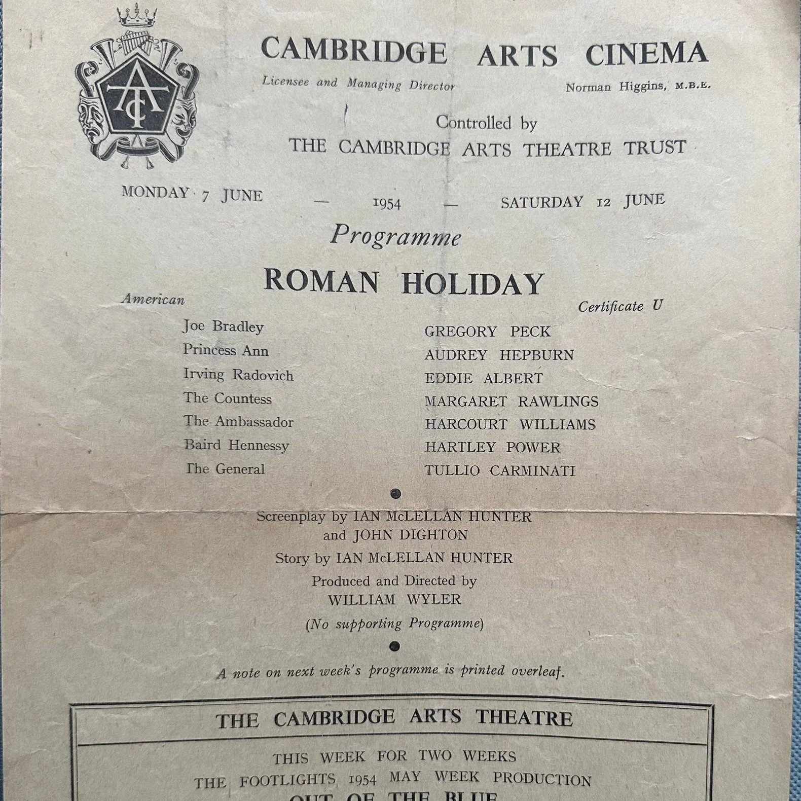 A flyer for the Cambridge Arts Cinema, covering the period Monday 7th June 1954 - Saturday 12th June 1954, with the main feature being shown &lsquo;Roman Holiday&rsquo; staring Gregory Peck and Audrey Hepburn. The flyer also advertises upcoming produ