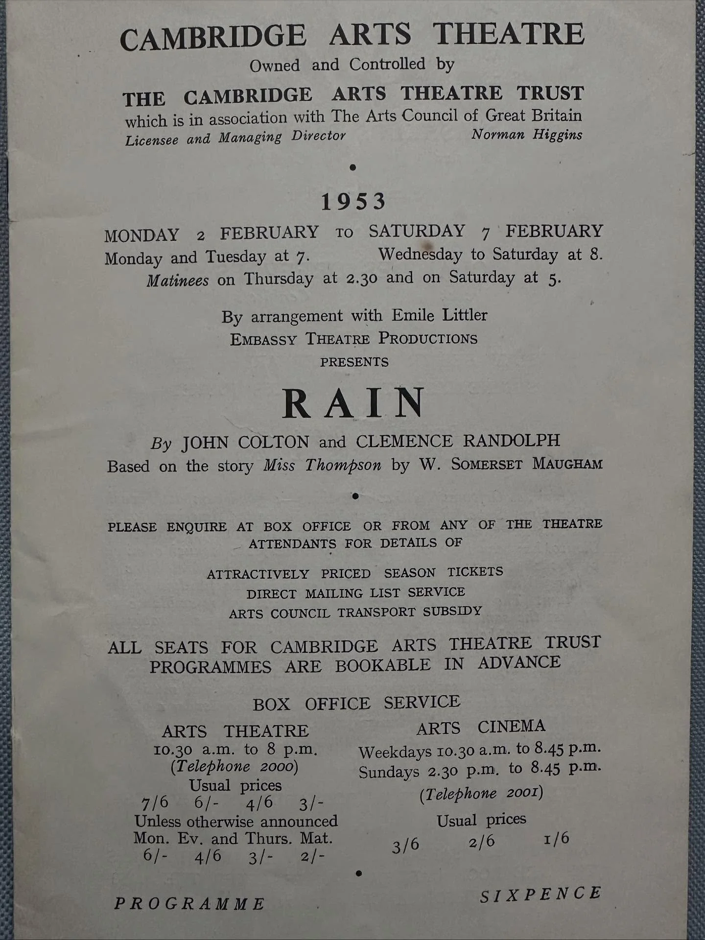 Cambridge Arts Theatre programme 1953, for the production of Rain by John Colton and Clemence Randolph. It contains details of forthcoming films being shown at the Arts Cinema and productions at the Arts Theatre link in bio for more. #cambridgeartsth