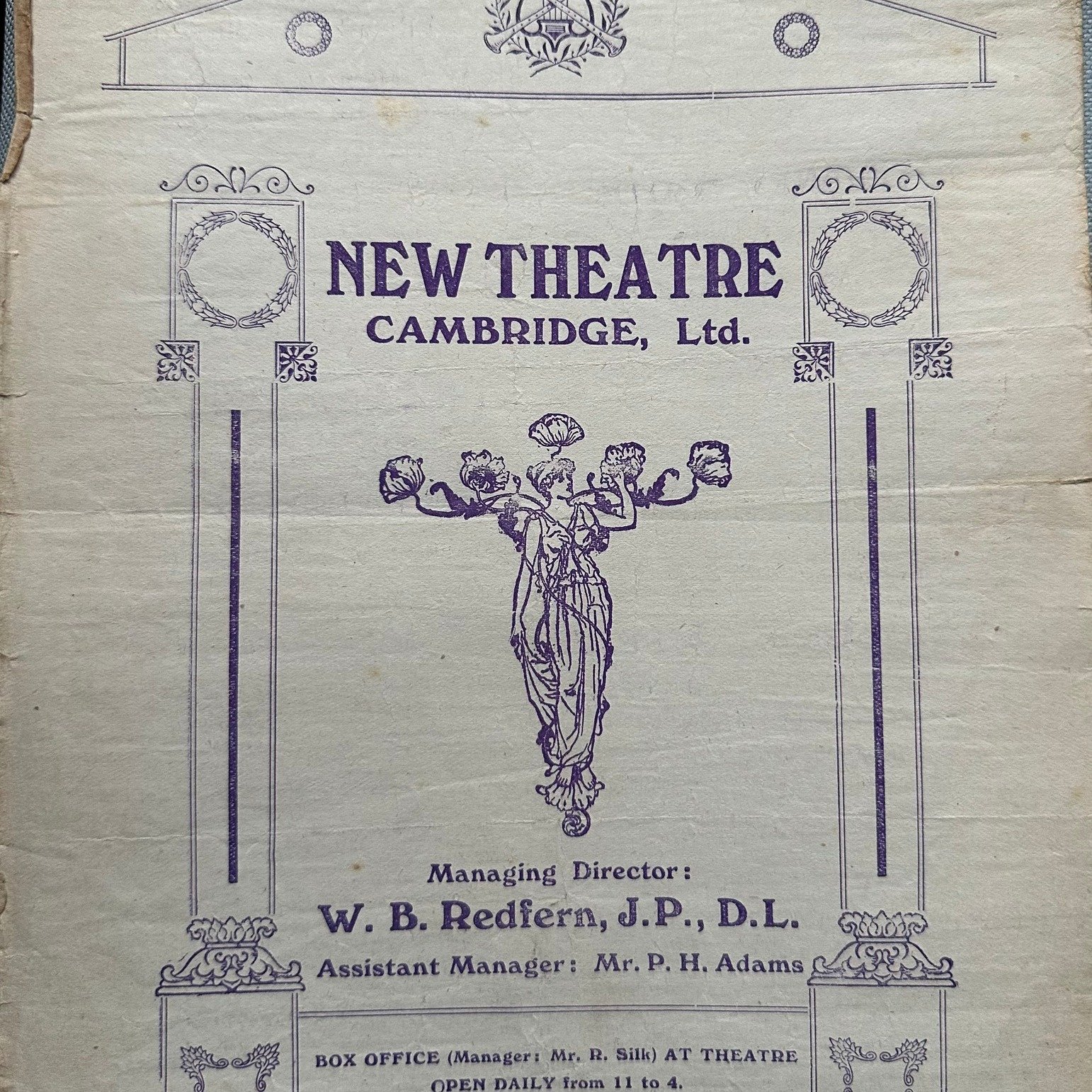 New Theatre Cambridge Programme Flyer May 1920
This programme flyer from the New Theatre in Cambridge is for the week commencing 10th May 1920. It is missing its second page which would have included advertisements from Cambridge businesses.  Also pr