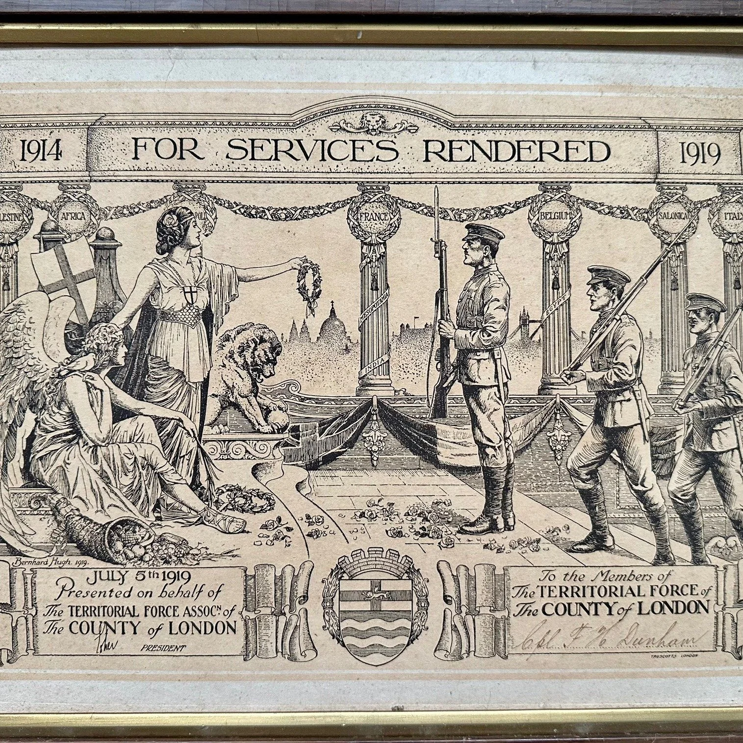 WWI - Framed commemorative certificate presented on behalf of The Territorial Force Association of The County of London to members of the Territorial Force of The County of London, on July 5th 1919. Cpl F H Dunham. 
#WWI #london #territorialforce #wo