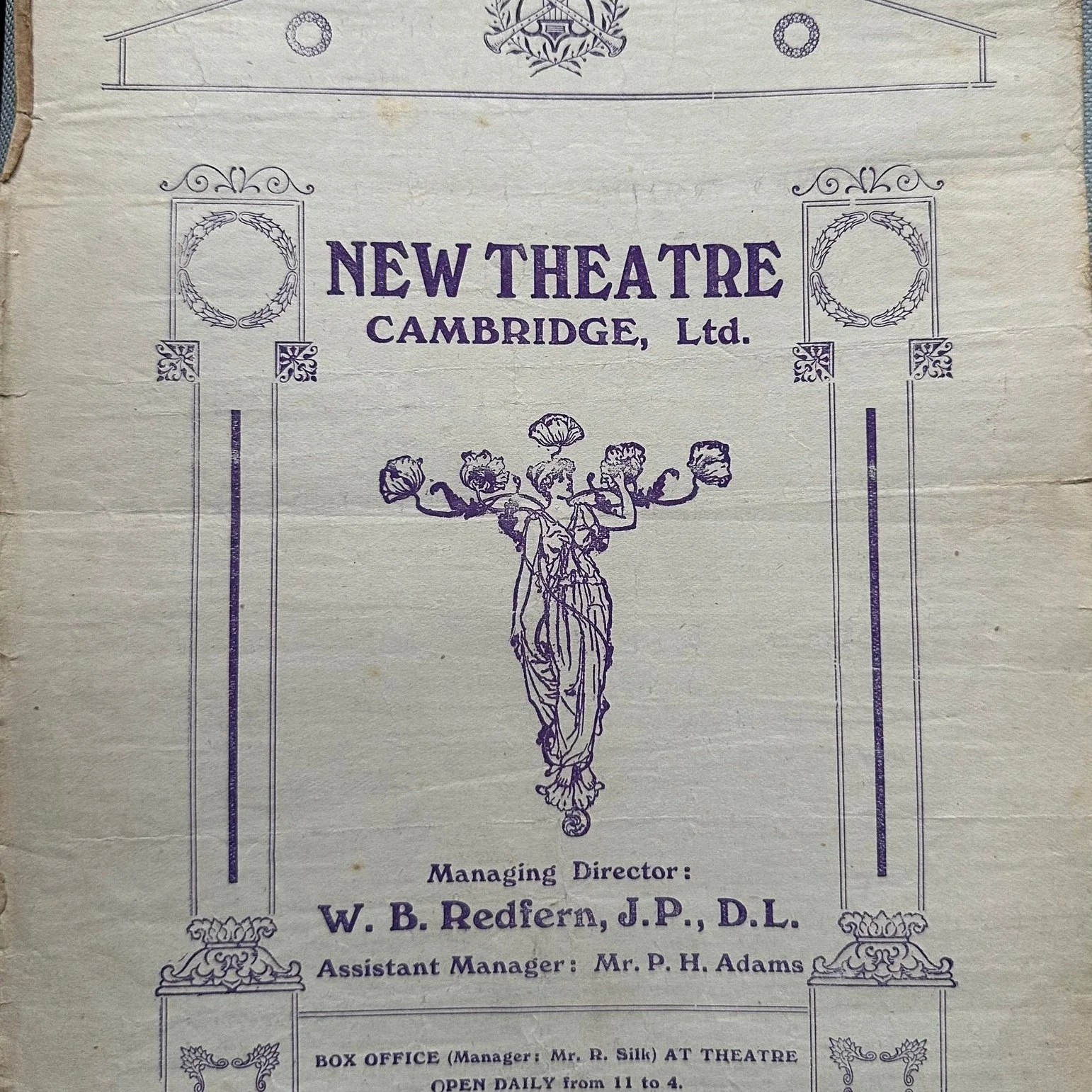 New Theatre Cambridge Programme Flyer May 1920
This programme flyer from the New Theatre in Cambridge is for the week commencing 10th May 1920. It is missing its second page which would have included advertisements from Cambridge businesses.  Also pr