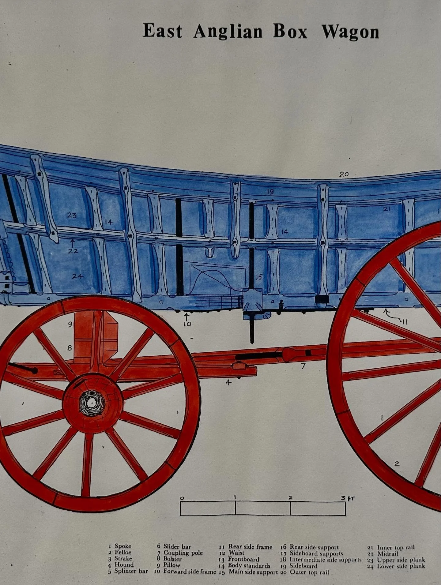 East Anglian Box Wagon plan - hand drawn and coloured picture of a traditional East Anglian Box Wagon. This picture was exhibited by Wagon Enterprises at the Castle Hill Gallery, 12 Castle Street Cambridge. This picture was donated by Sandra and Keit