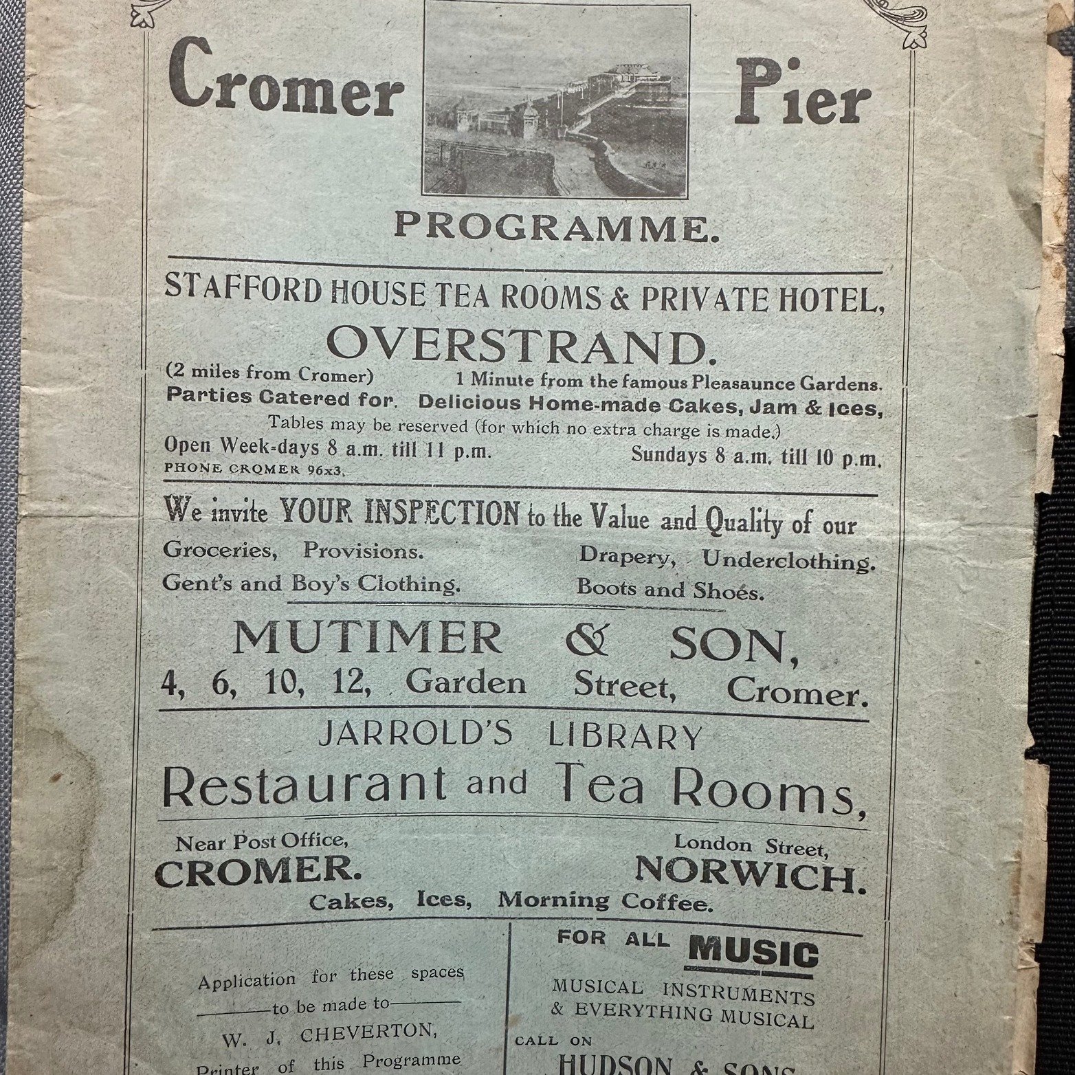 Cromer Pier Programme July c.1925 which includes lots of local business advertisements and even a couple of black and white photographs. More on my website. #cromerpier #cromer #cromerhistory #NorfolkHistory #norfolkhistory #theatrehistory