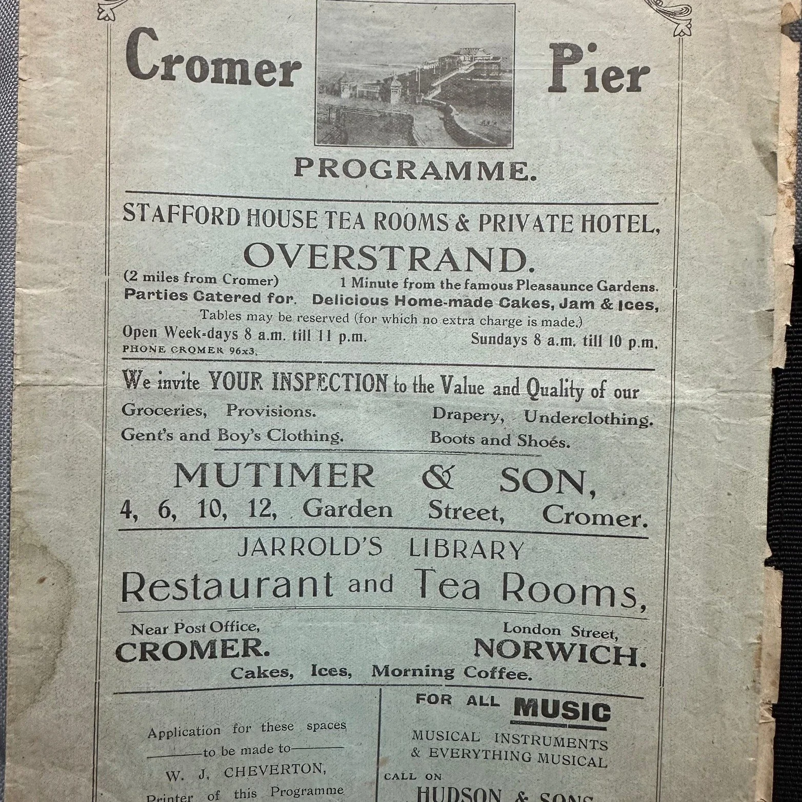Cromer Pier Programme July c.1925 which includes lots of local business advertisements and even a couple of black and white photographs. More on my website. #cromerpier #cromer #cromerhistory #NorfolkHistory #norfolkhistory #theatrehistory