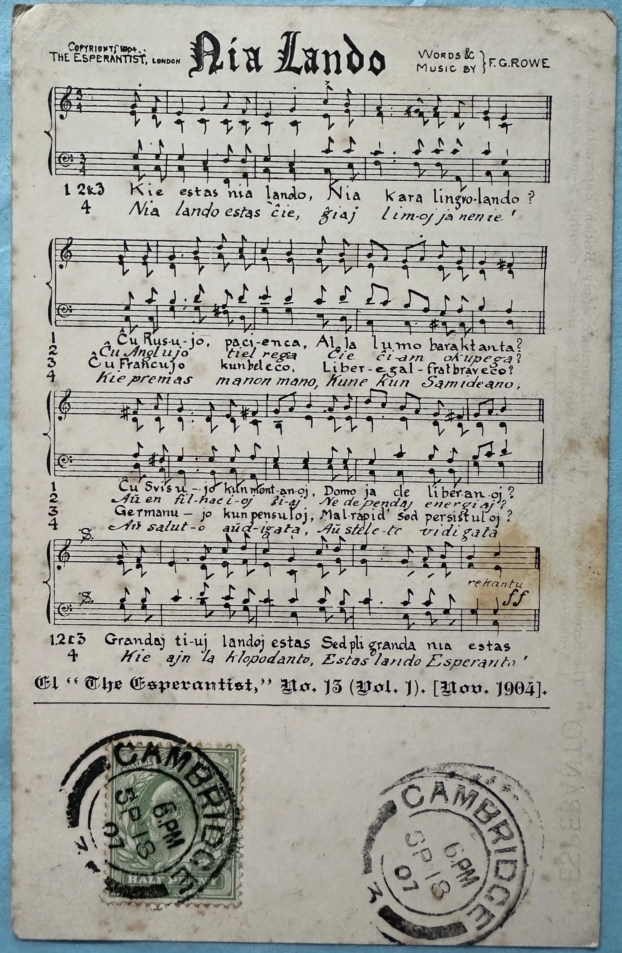 The Esperanto International Congress Cambridge 1907 - old postcard from Cambridge to Isle of Wight 