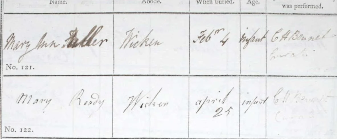 Mary Ready, Wicken Burial Register April 1823 at top of page