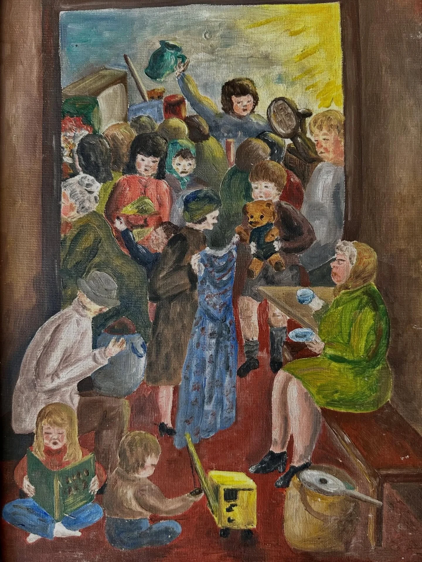Jumble Sales over the years in Cambridge

My aunt Joan has asked me to share this painting that she did years ago of a jumble in Cambridge. 
Joan writes:
&ldquo;I painted this picture years ago in memory of the old St John&rsquo;s Church Hall jumble 