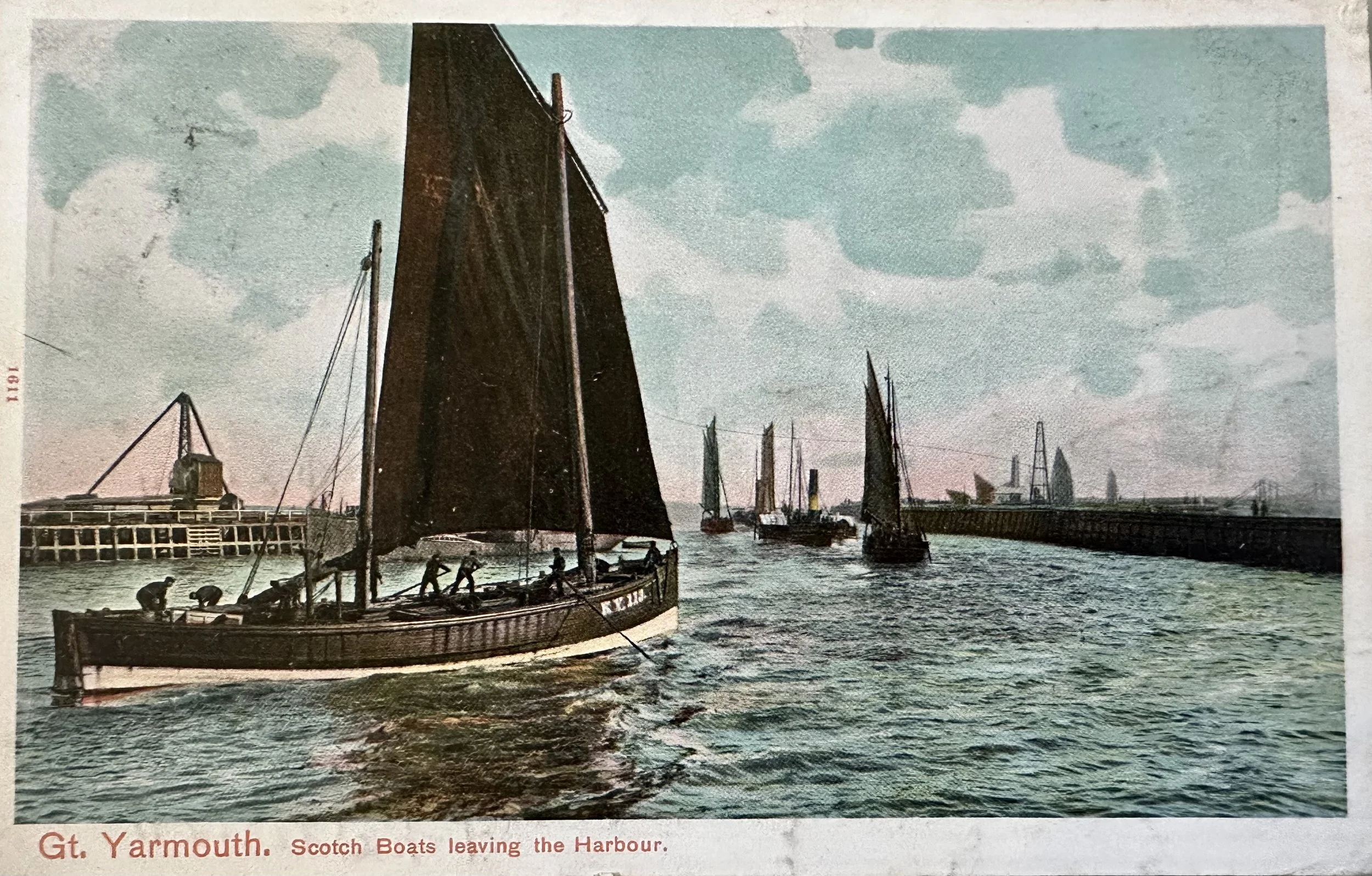 Great Yarmouth Scotch Boats Leaving The Harbour - old postcard sent to Cambridge 1907