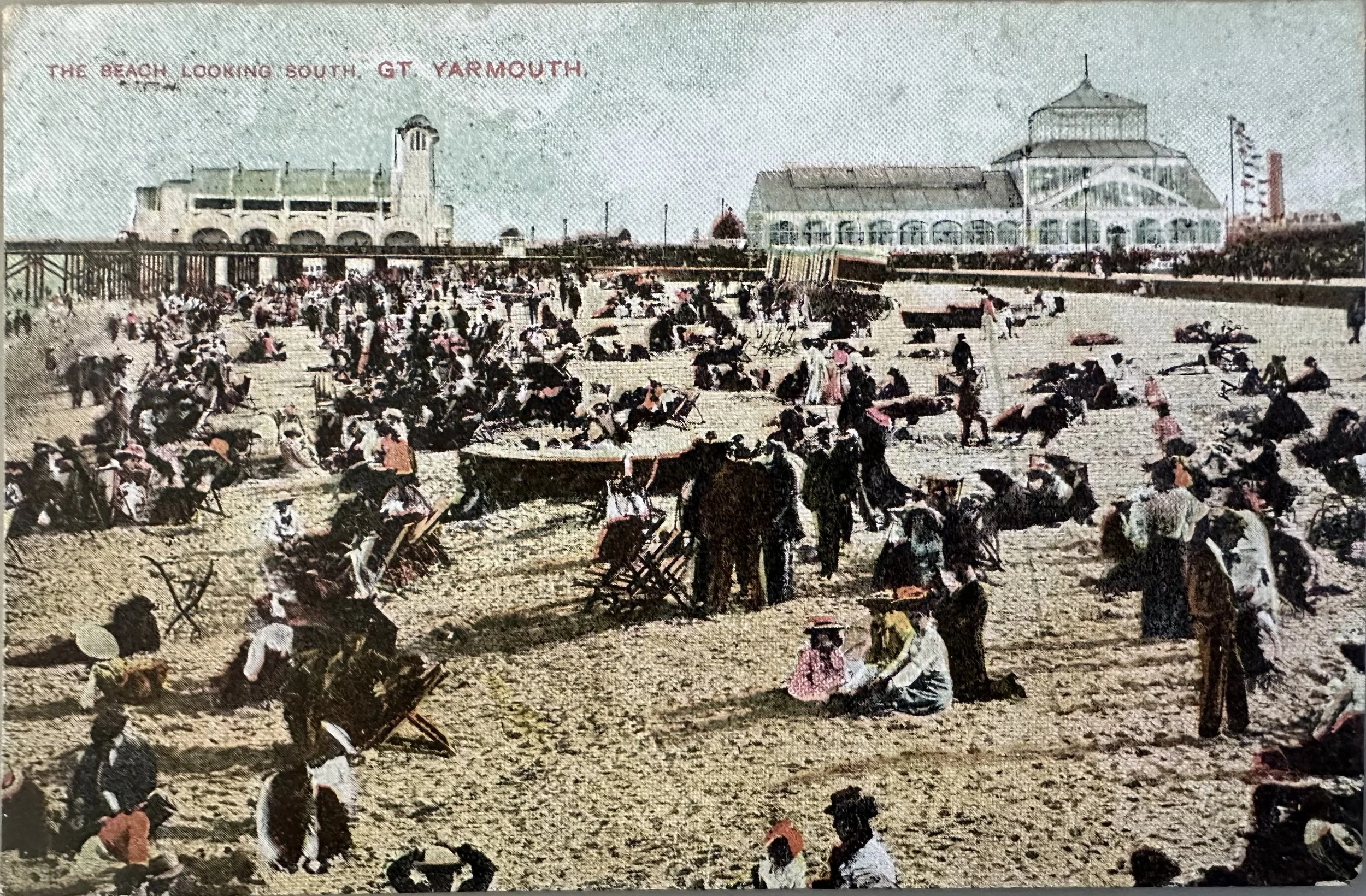 The Beach Looking South Great Yarmouth - old postcard to Cambridge 1910