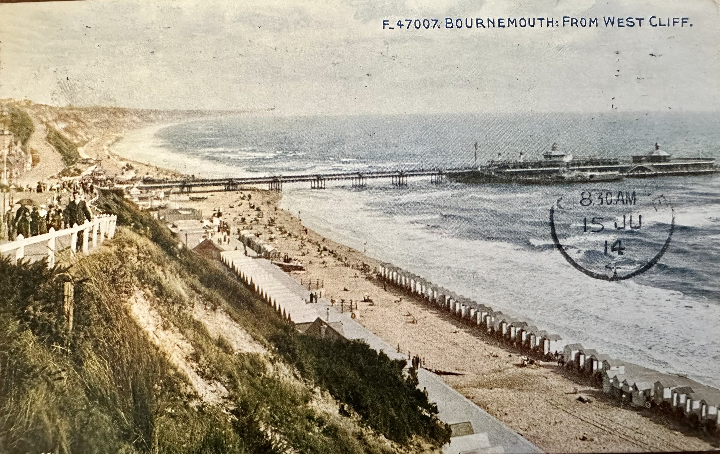 Bournemouth from West Cliff - old postcard sent to Victoria Park Cambridge 1914