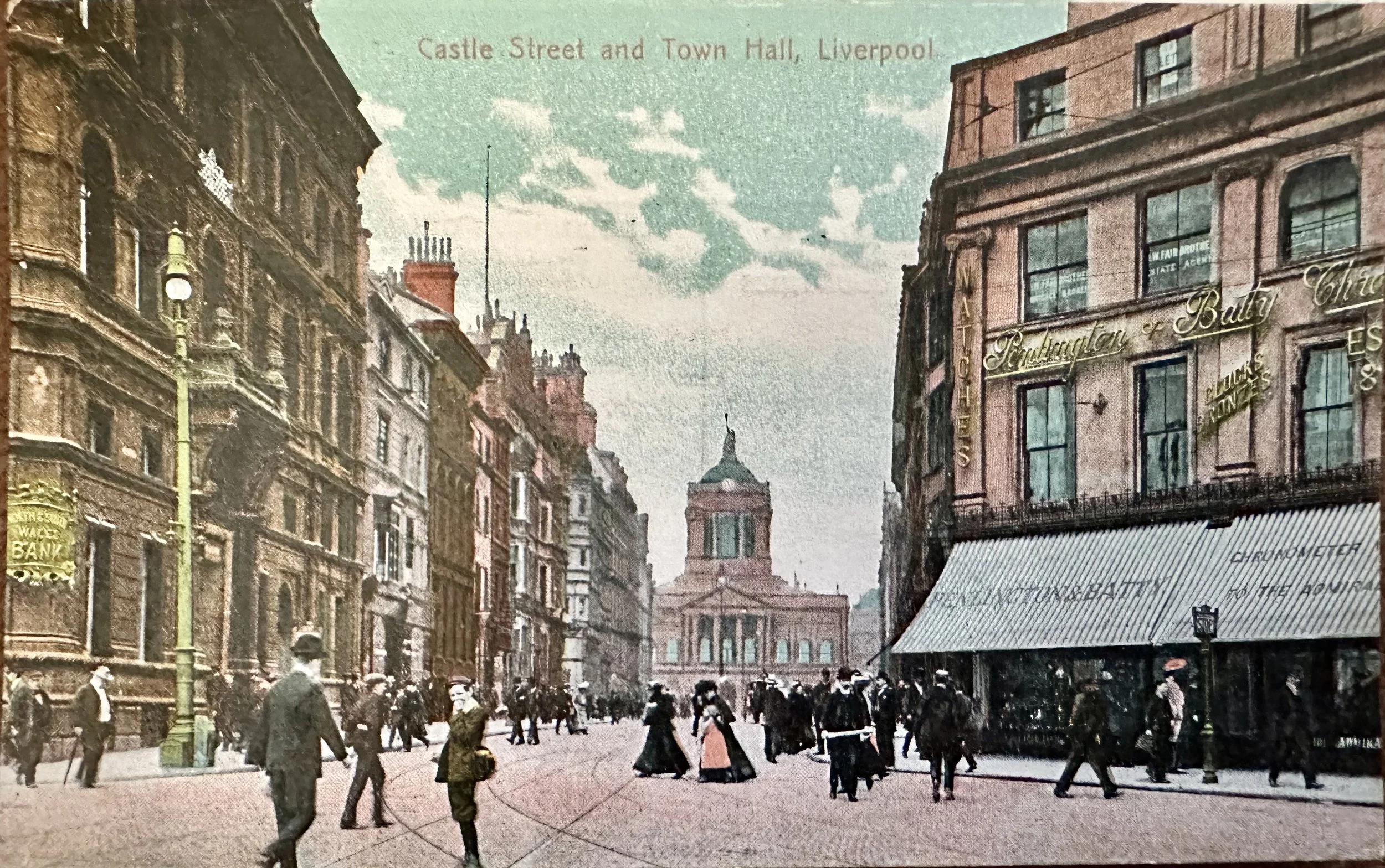 Castle Street and Town Hall Liverpool - old postcard sent to Victoria Park Cambridge 1909