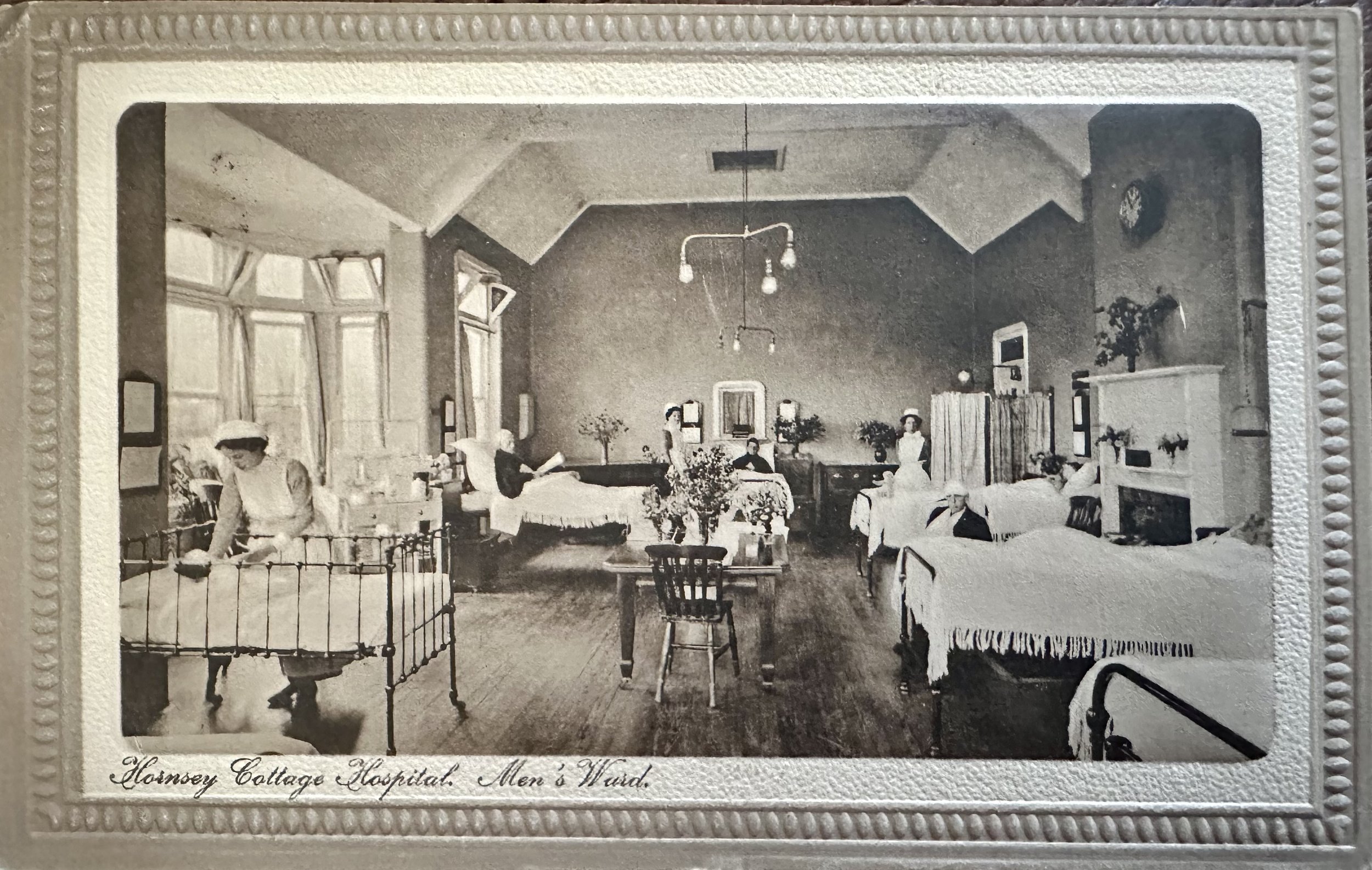 Hornsey Cottage Hospital Men's Ward - old postcard sent to 12 Belgrave Road Cambridge 1911