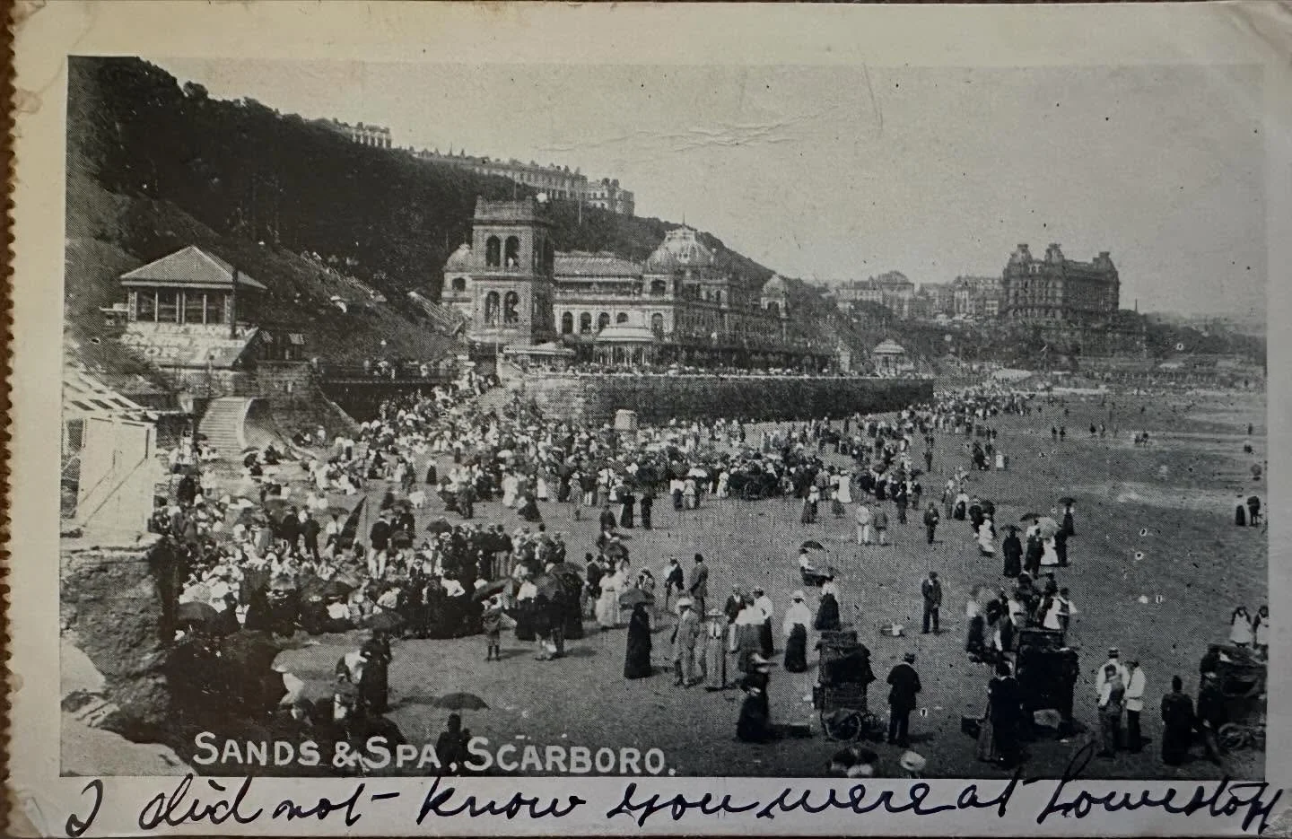 Sands &amp; Spa, Scarborough - old postcard sent to Belgrave Road Cambridge 1904. 
Postcard reads:
&ldquo;I did not know you were at Lowestoft
Miss Jolly&hellip;.see more at my website&hellip;.#scarborough  #oldpostcard #cambridge #socialhistory #his