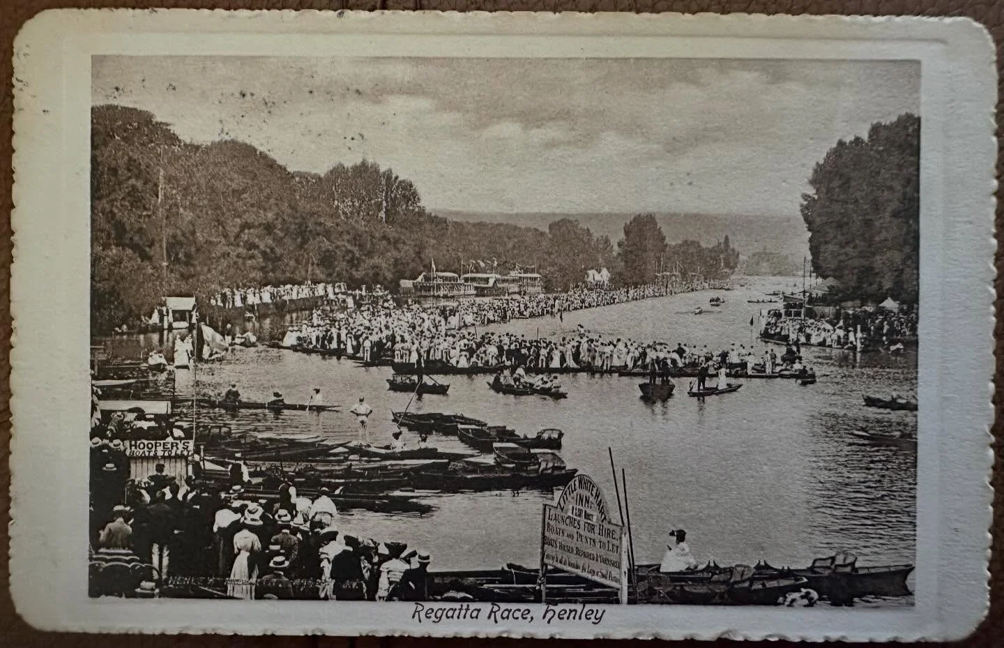 Regatta Race Henley - old postcard to Cambridge 1914.
Postcard reads:
&ldquo; Miss Jolly 
Girton Villa
Victoria Park
Chesterton 
Cambridge
The White Lodge
Harpsden Road
Wed
Dear Frances
Just a card to let you know &hellip;. See more at my website&hel