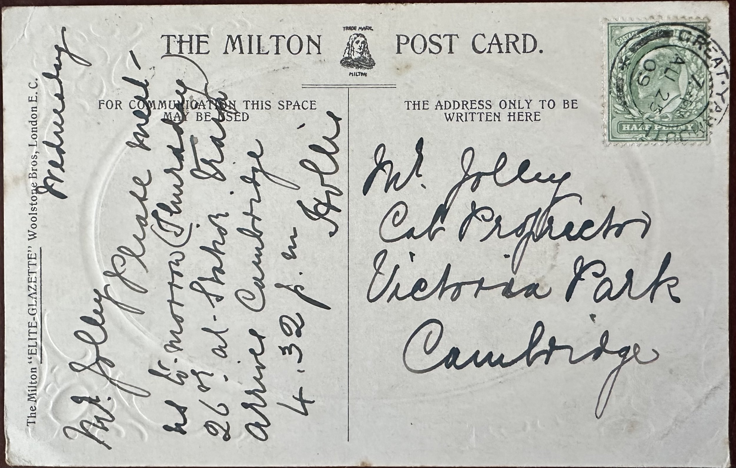 Back of old postcard to Cambridge